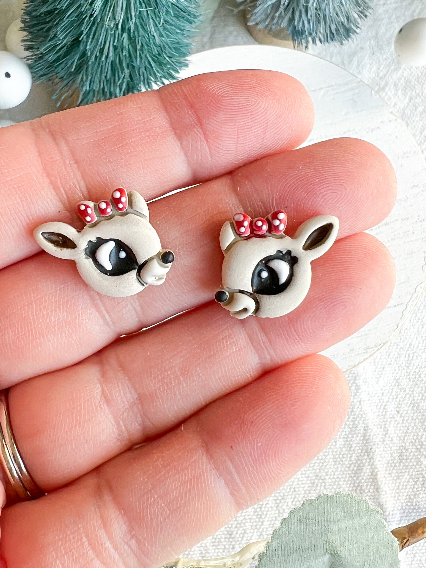 Rudolph and Clarice Reindeer Polymer Clay Studs