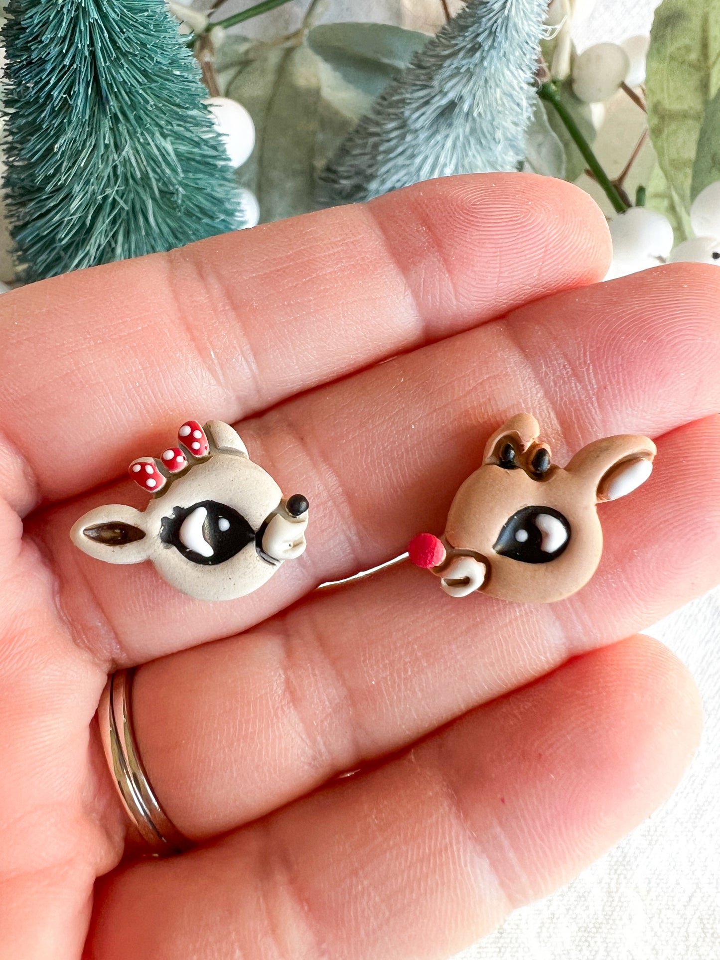 Rudolph and Clarice Reindeer Polymer Clay Studs