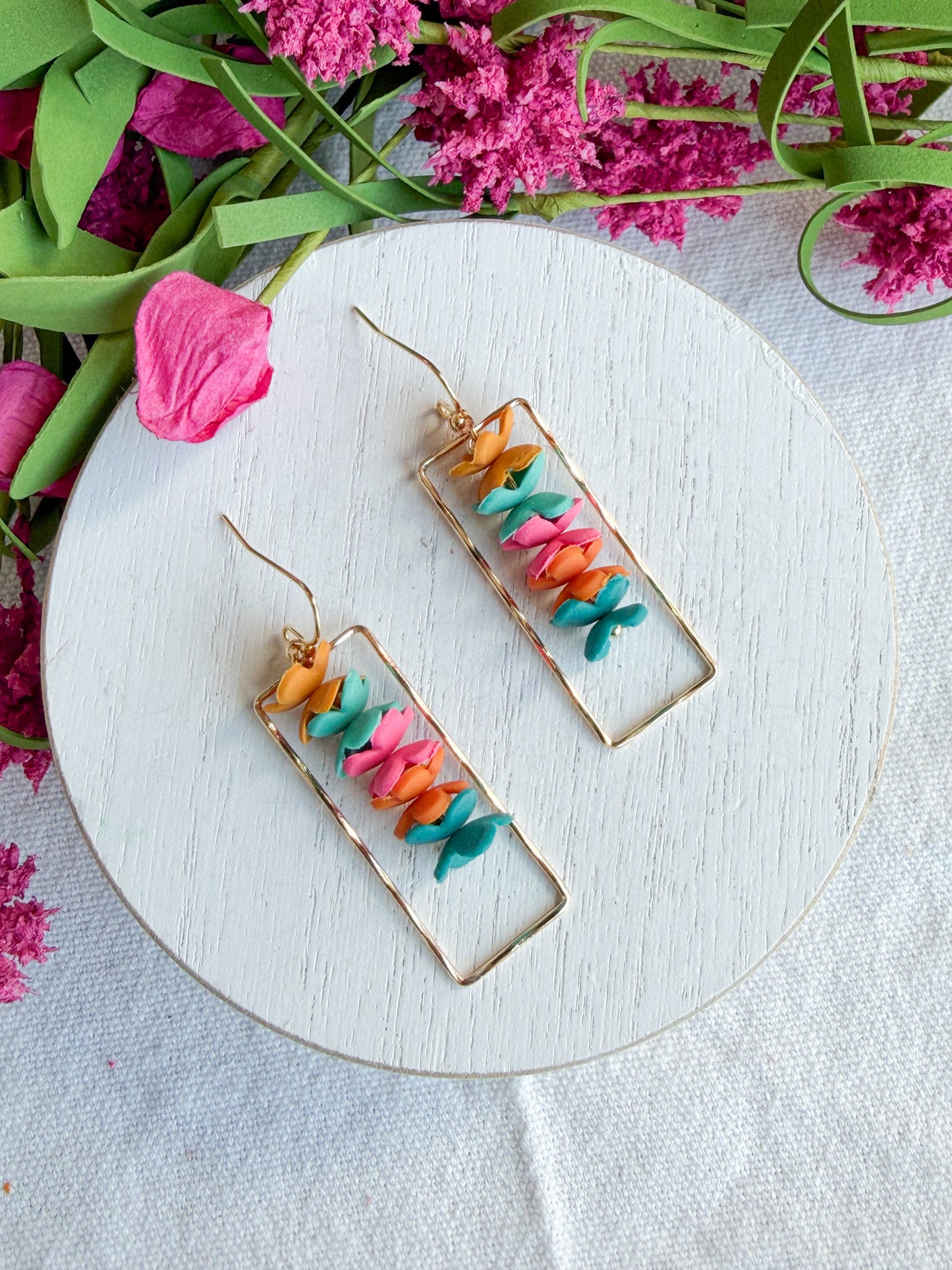 Cinco De Mayo Fiesta Flower Gold Bezel Polymer Clay Earrings