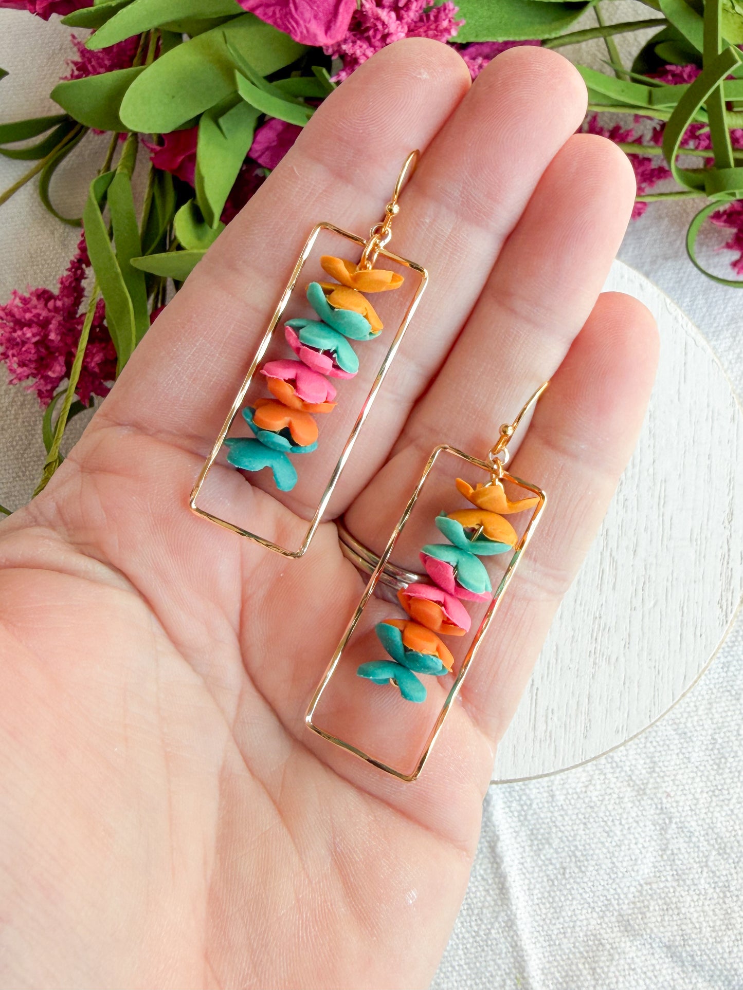 Cinco De Mayo Fiesta Flower Gold Bezel Polymer Clay Earrings