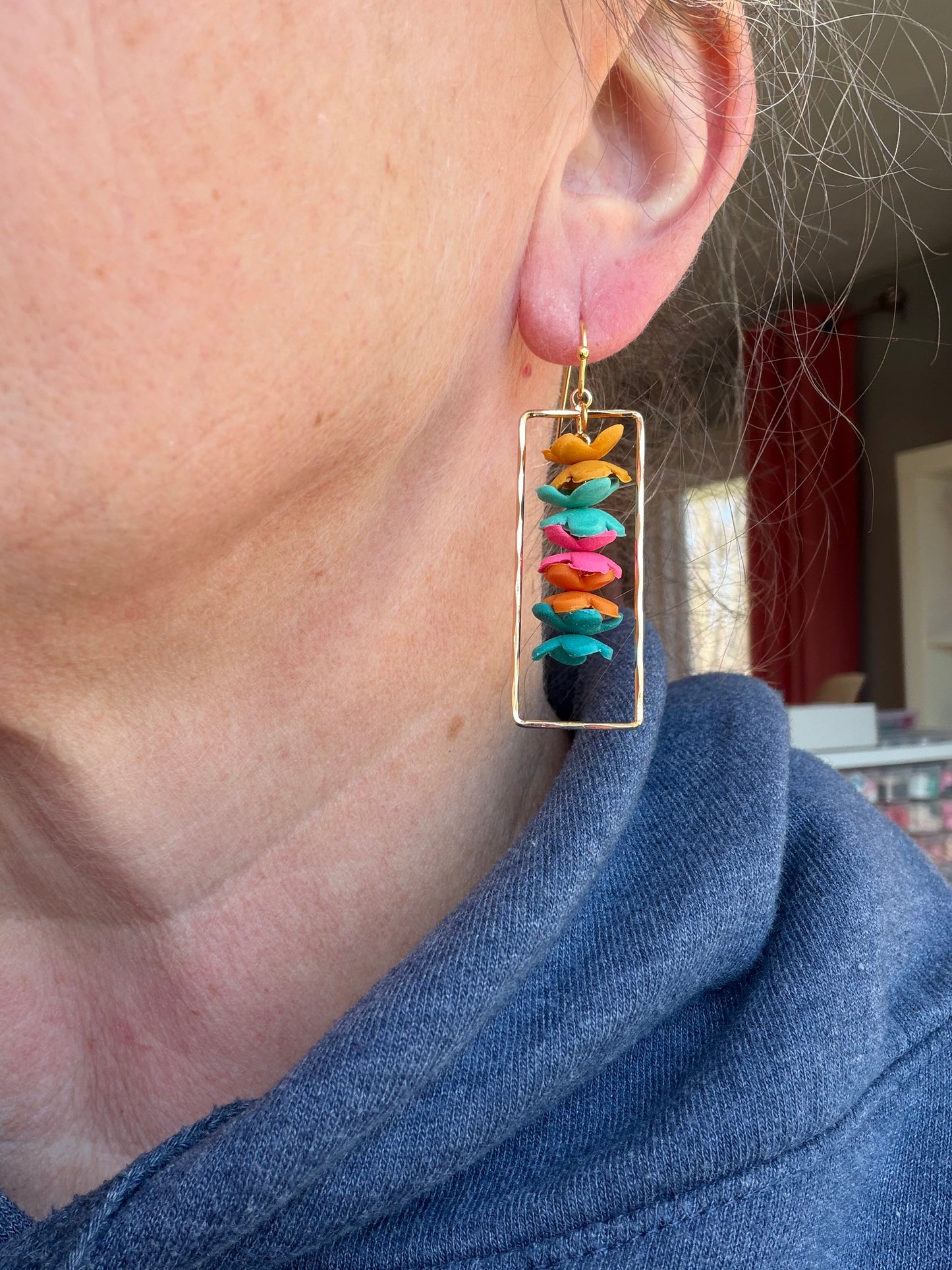 Cinco De Mayo Fiesta Flower Gold Bezel Polymer Clay Earrings