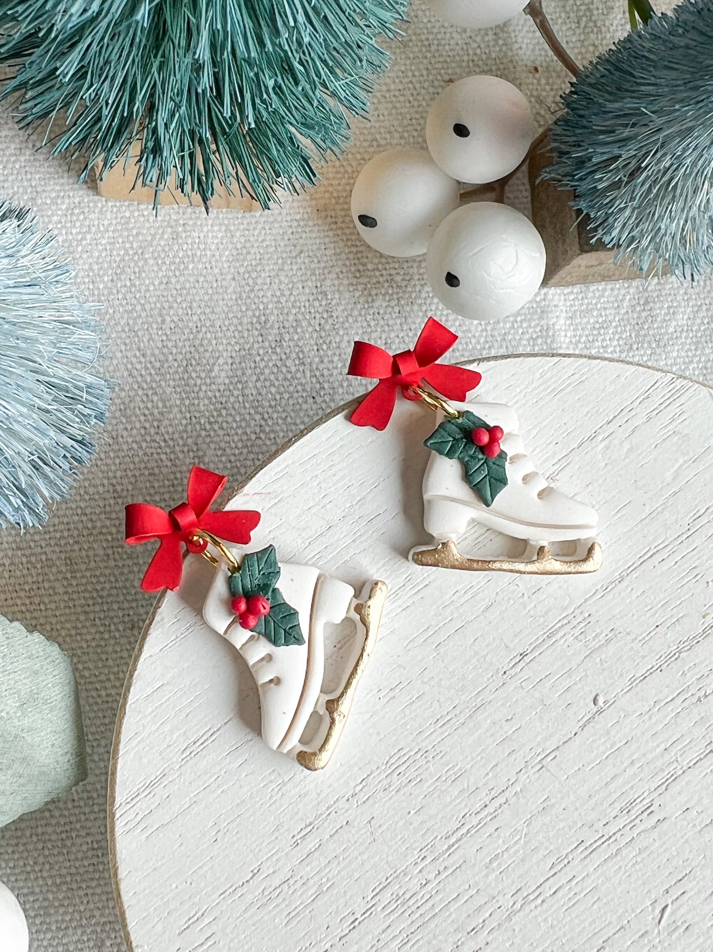 Festive Ice Skates with Holly and Red Bow Polymer Clay Earrings