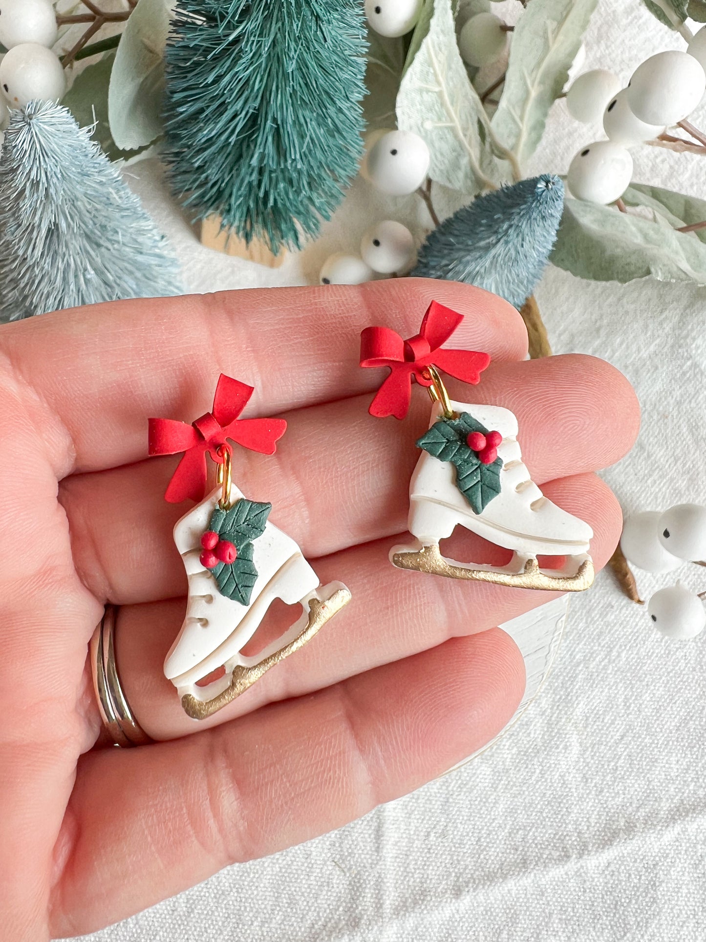 Festive Ice Skates with Holly and Red Bow Polymer Clay Earrings