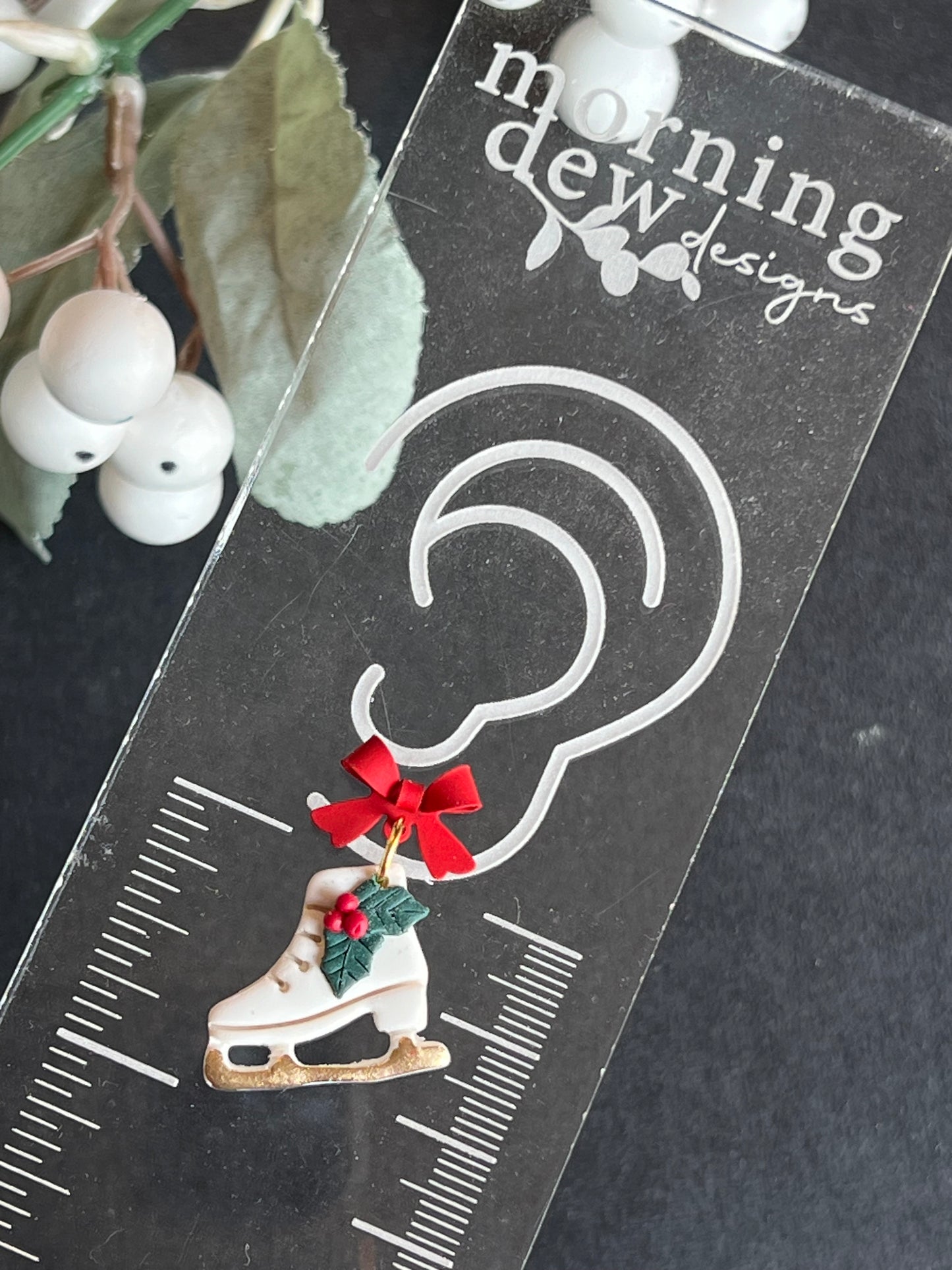 Festive Ice Skates with Holly and Red Bow Polymer Clay Earrings