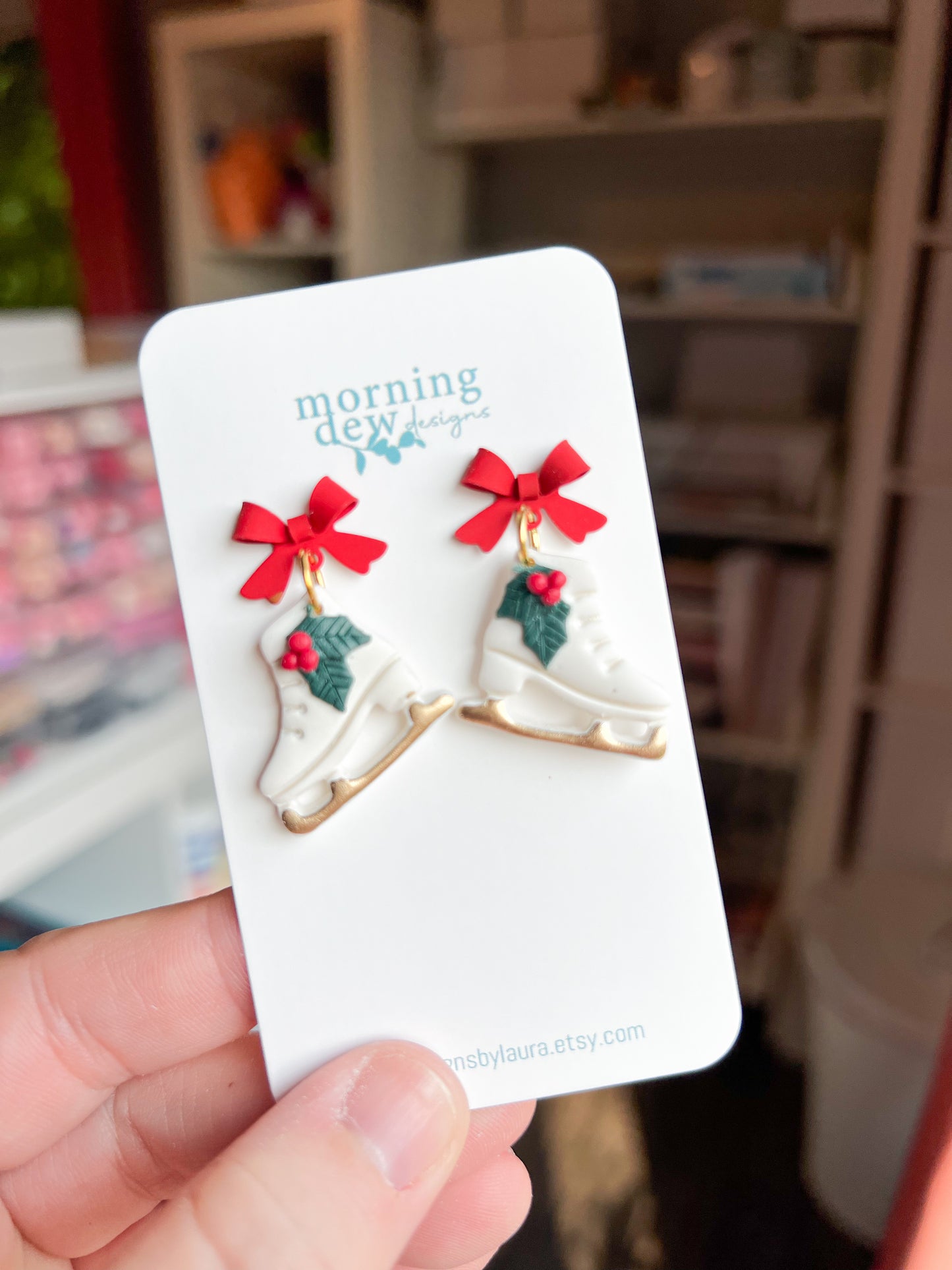 Festive Ice Skates with Holly and Red Bow Polymer Clay Earrings