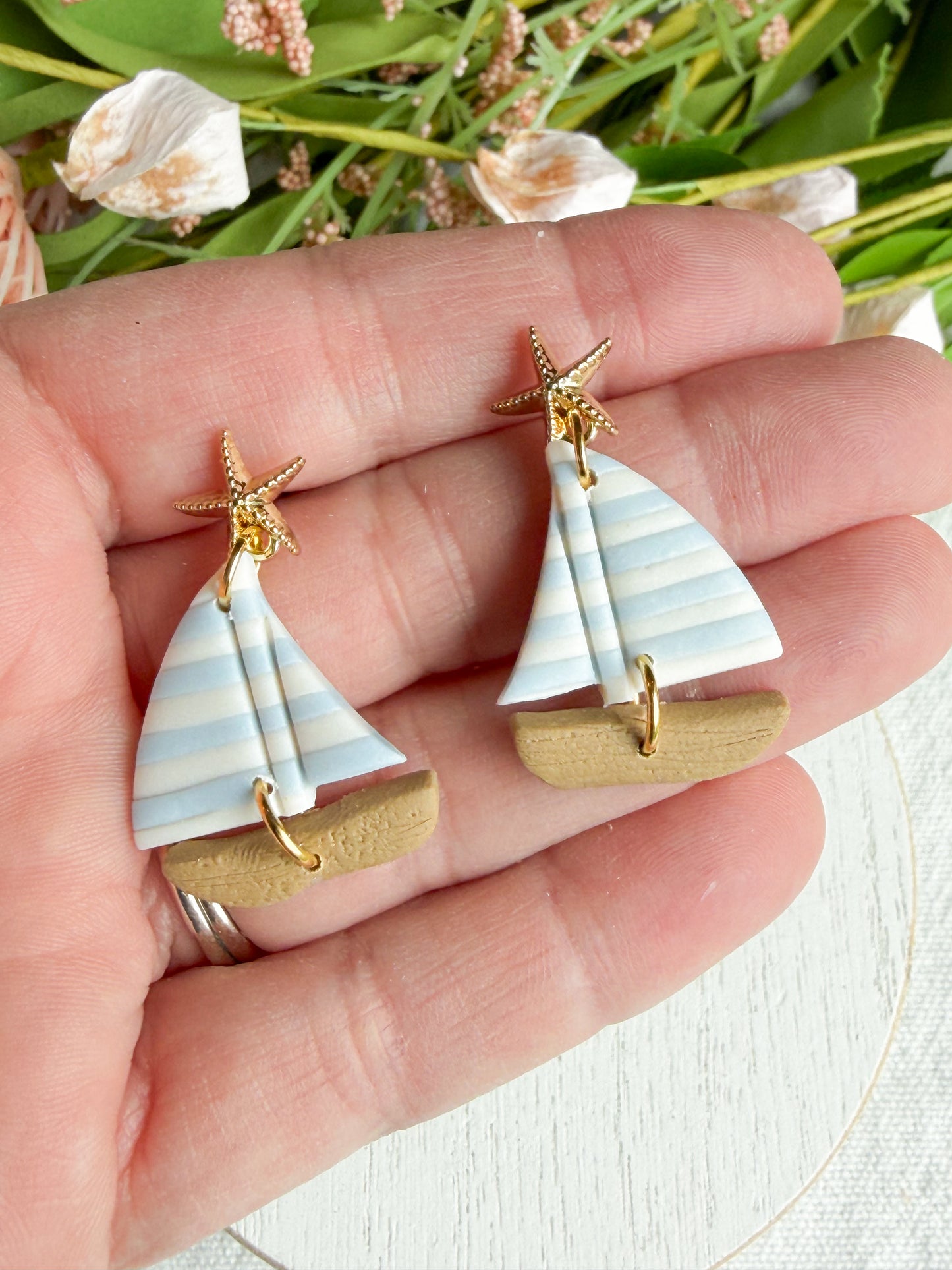 Sailboat with Starfish Polymer Clay Earrings | Seaside Charm Collection
