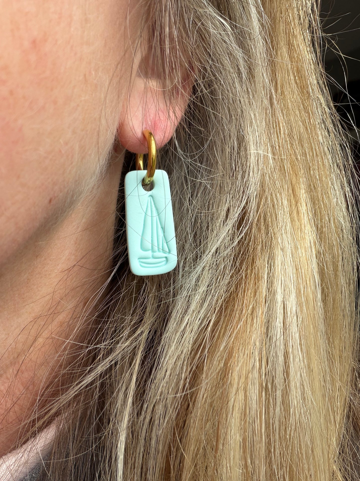 Embossed Sailboat Rectangle Polymer Clay Earrings | Seaside Charm Collection