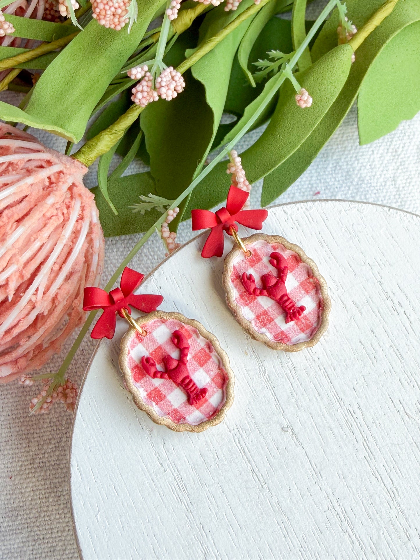 Lobster Bake Gingham Polymer Clay Earrings | Seaside Charm Collection
