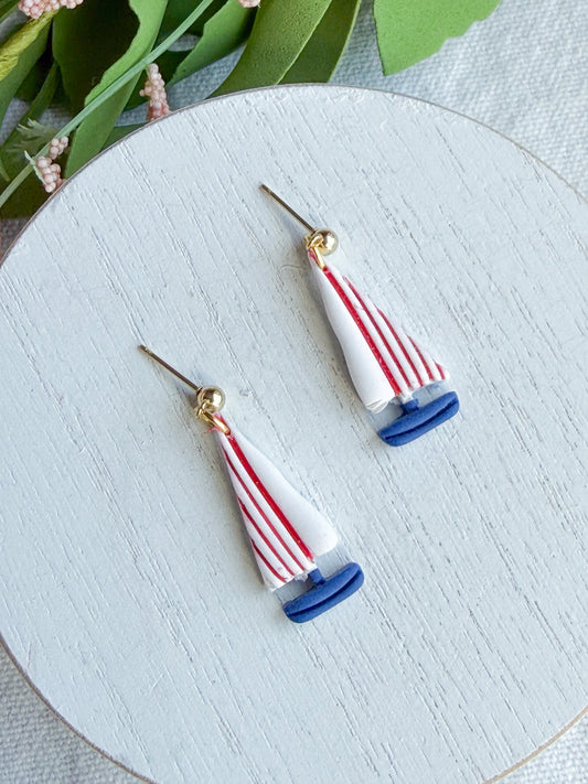 Red, White, and Blue Sailboat Polymer Clay Earrings | Seaside Charm Collection