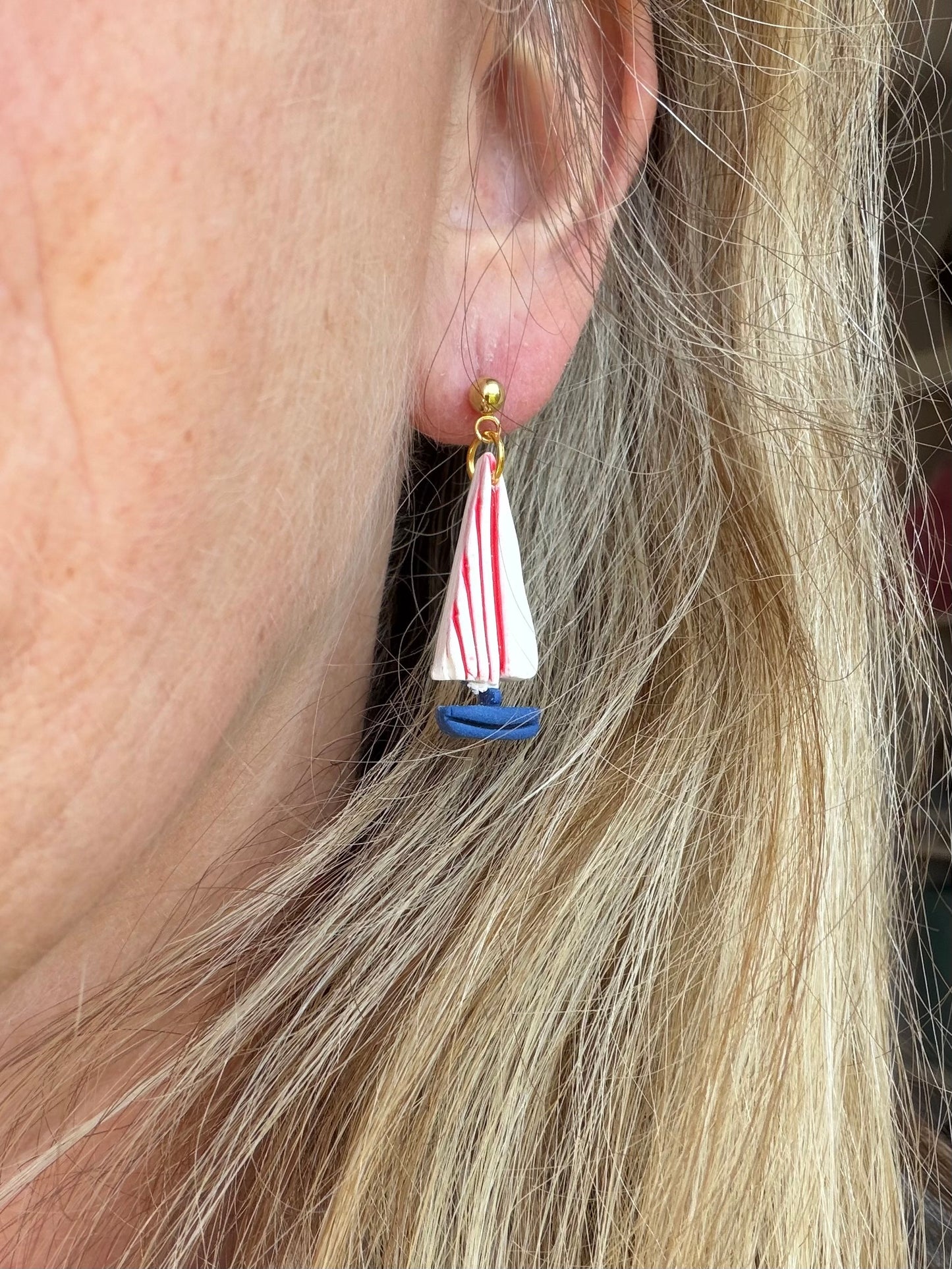 Red, White, and Blue Sailboat Polymer Clay Earrings | Seaside Charm Collection
