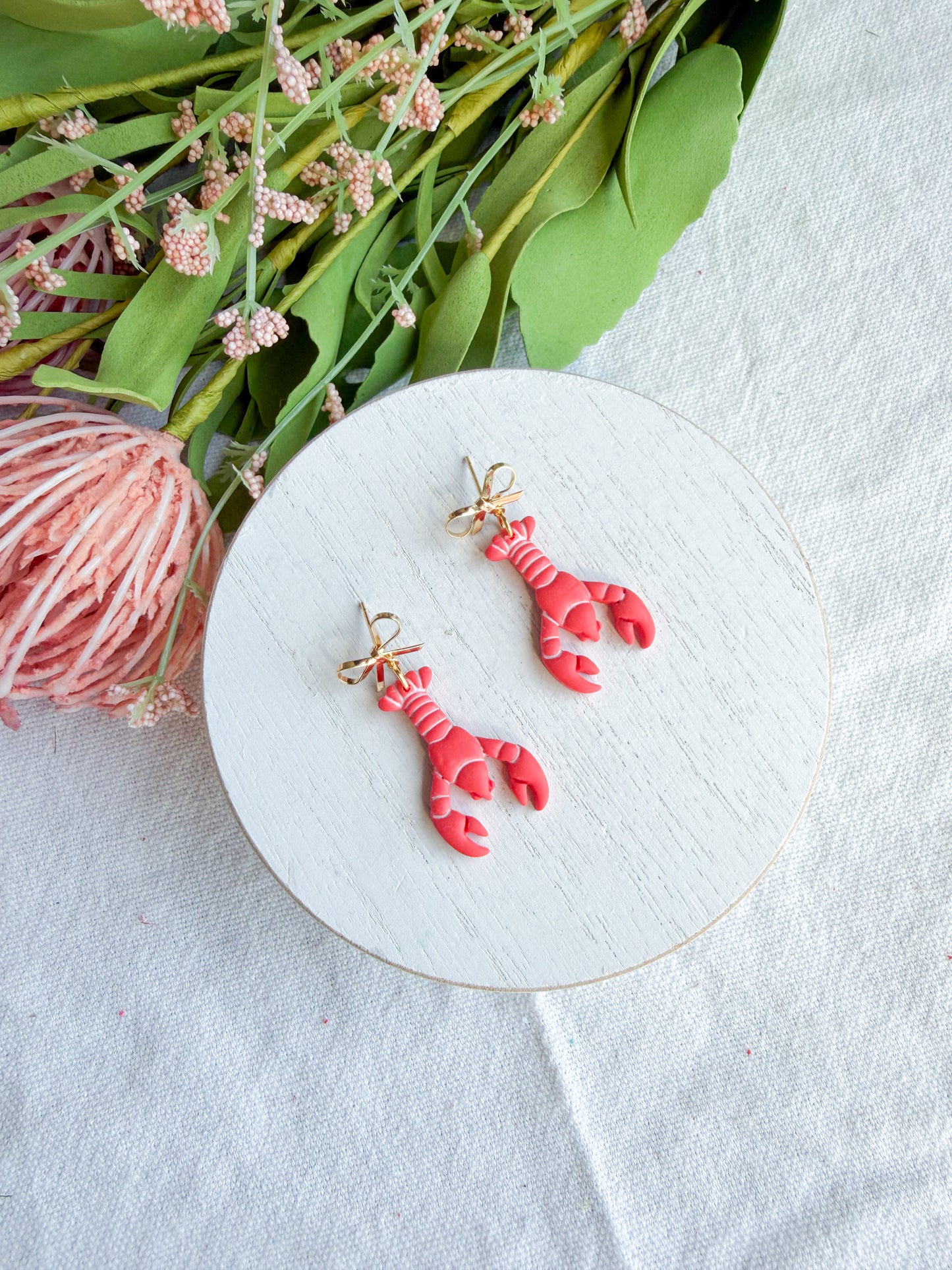 Lobster and Gold Bow Polymer Clay Earrings | Seaside Charm Collection