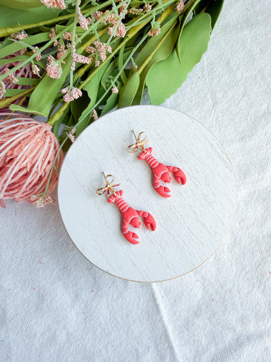 Lobster and Gold Bow Polymer Clay Earrings | Seaside Charm Collection