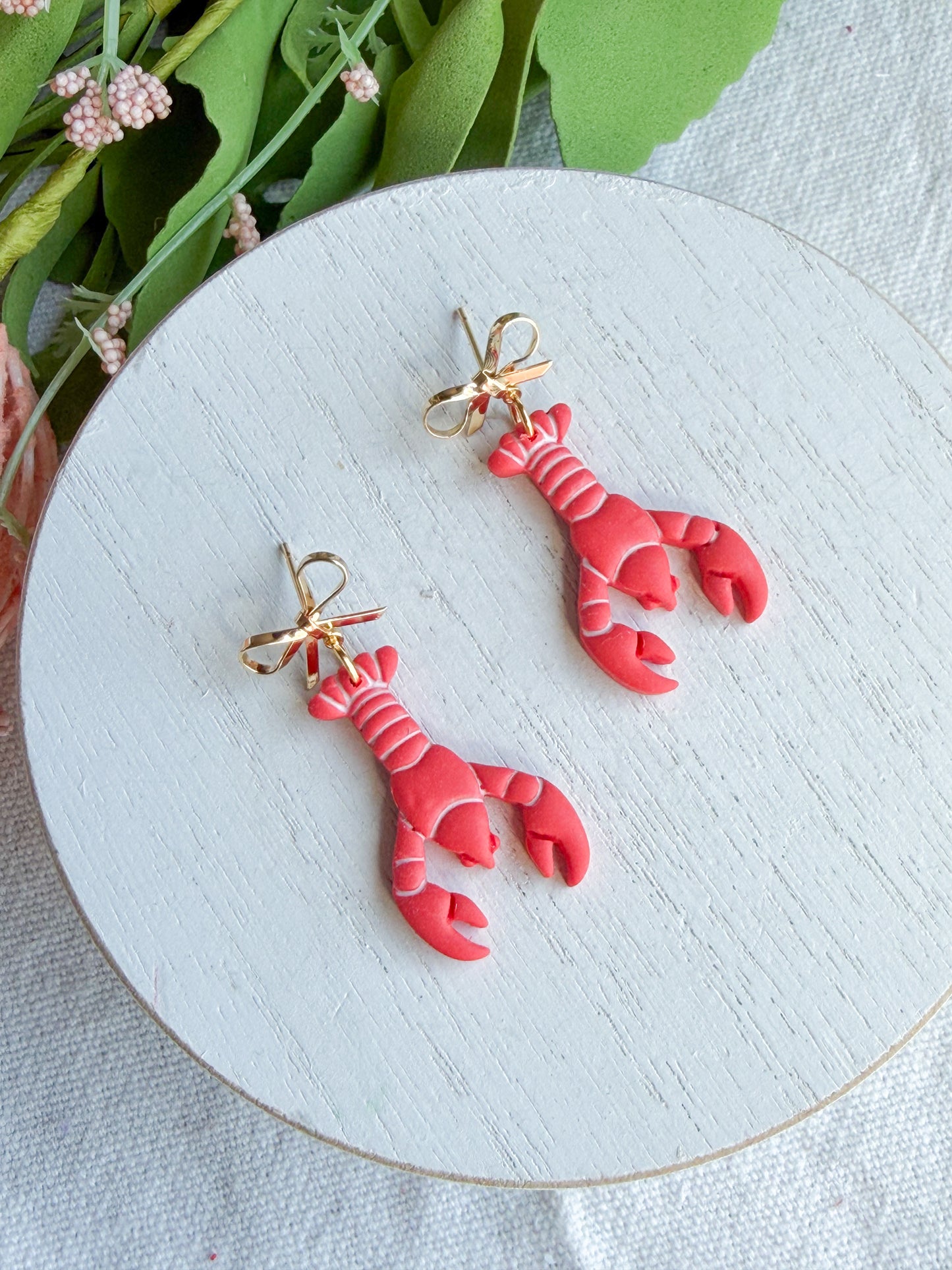 Lobster and Gold Bow Polymer Clay Earrings | Seaside Charm Collection
