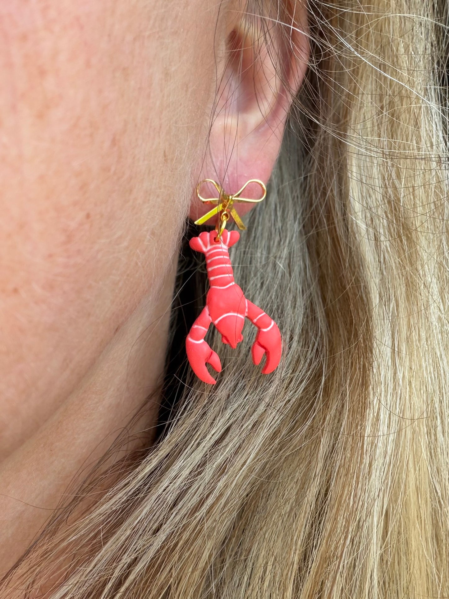 Lobster and Gold Bow Polymer Clay Earrings | Seaside Charm Collection