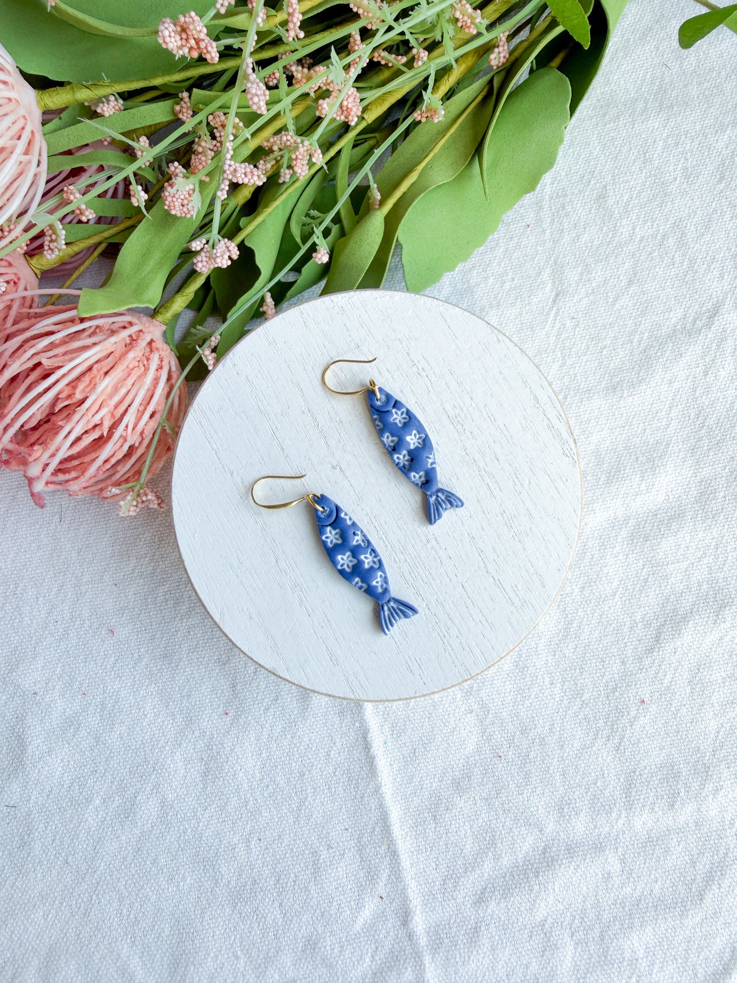 Floral Daisy Patterened Fish Polymer Clay Earrings | Seaside Charm Collection