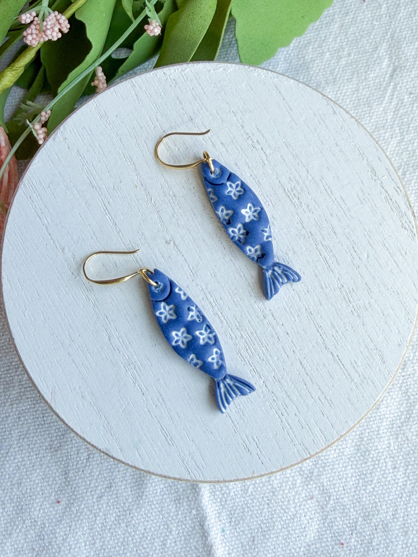 Floral Daisy Patterened Fish Polymer Clay Earrings | Seaside Charm Collection