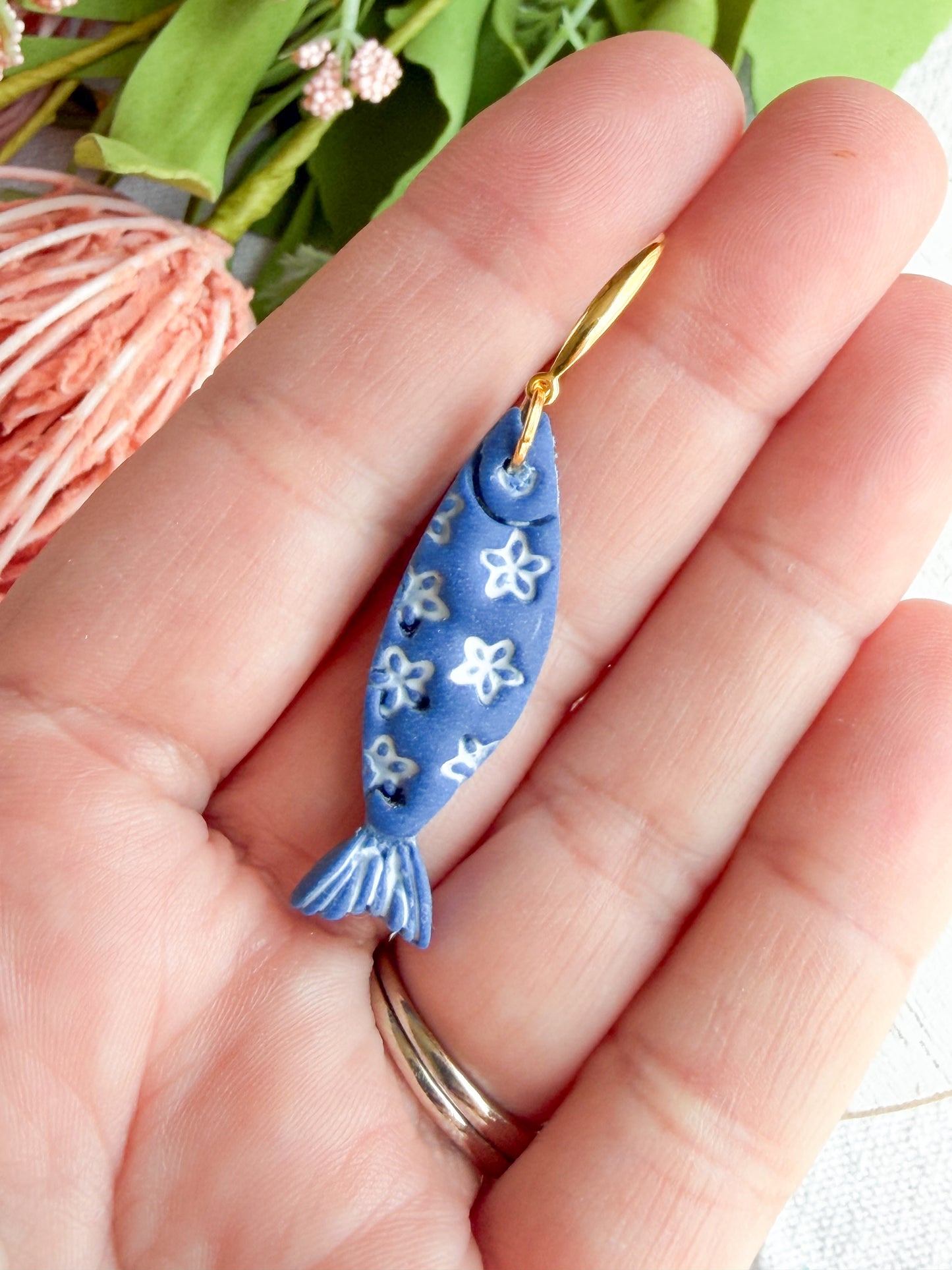 Floral Daisy Patterened Fish Polymer Clay Earrings | Seaside Charm Collection