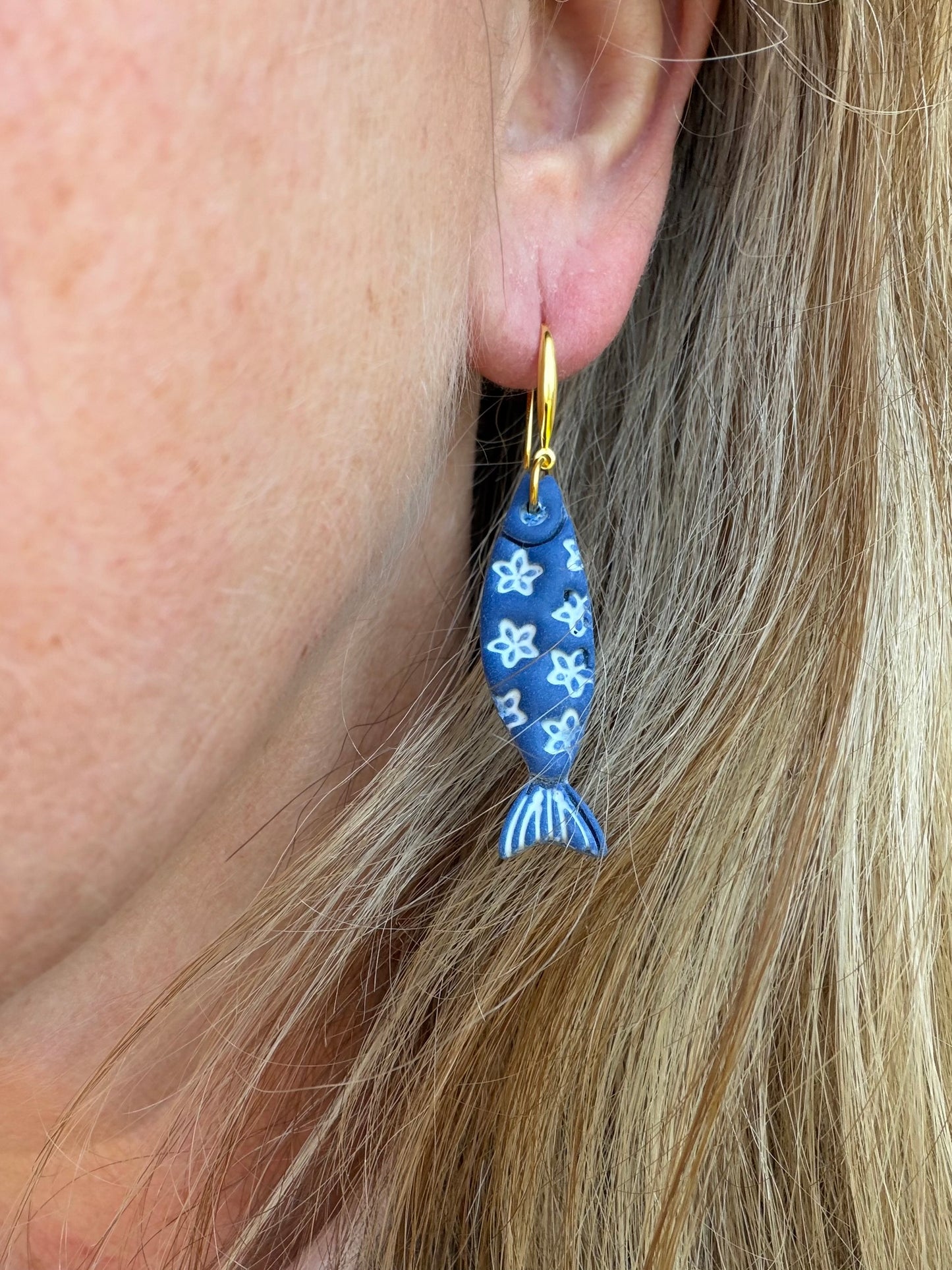Floral Daisy Patterened Fish Polymer Clay Earrings | Seaside Charm Collection