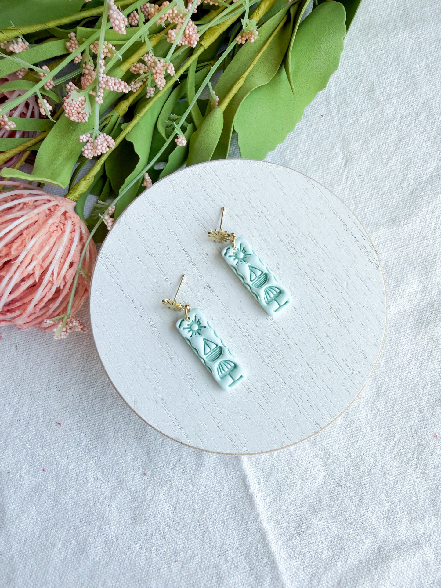 Pastel Mint Sun Stamped Rectangle Polymer Clay Earrings | Seaside Charm Collection