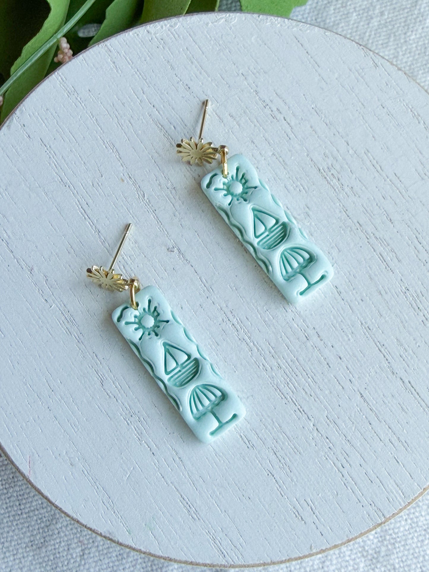 Pastel Mint Sun Stamped Rectangle Polymer Clay Earrings | Seaside Charm Collection