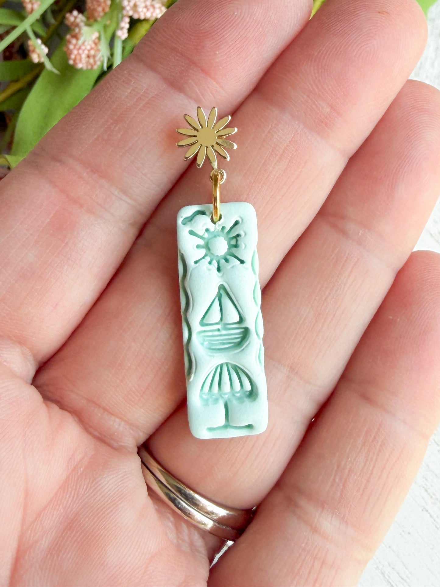 Pastel Mint Sun Stamped Rectangle Polymer Clay Earrings | Seaside Charm Collection