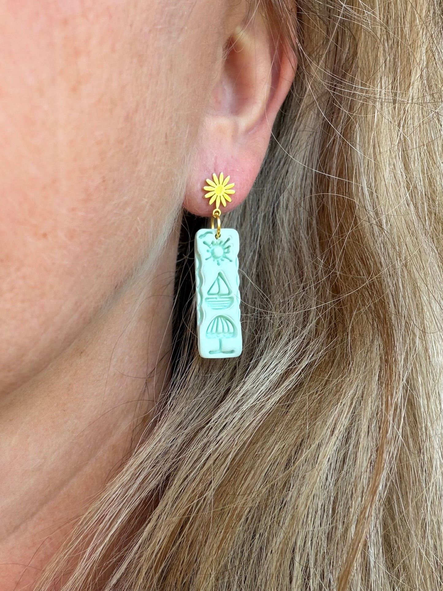 Pastel Mint Sun Stamped Rectangle Polymer Clay Earrings | Seaside Charm Collection