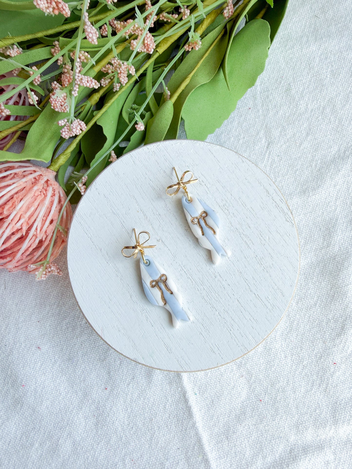 Striped Fish with Gold Bow Polymer Clay Earrings | Seaside Charm Collection