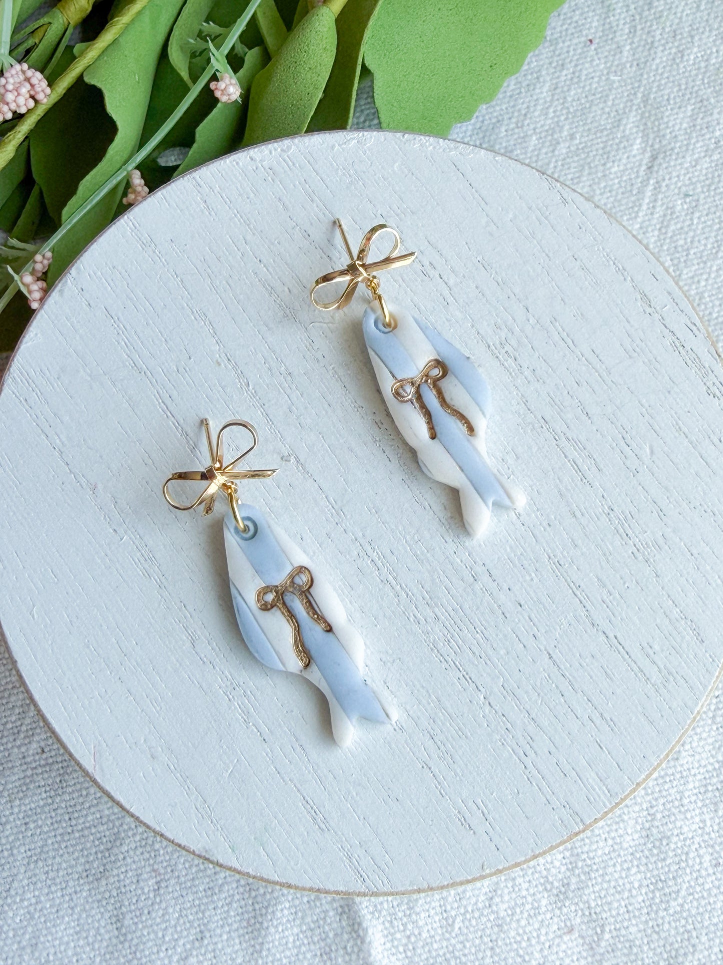 Striped Fish with Gold Bow Polymer Clay Earrings | Seaside Charm Collection