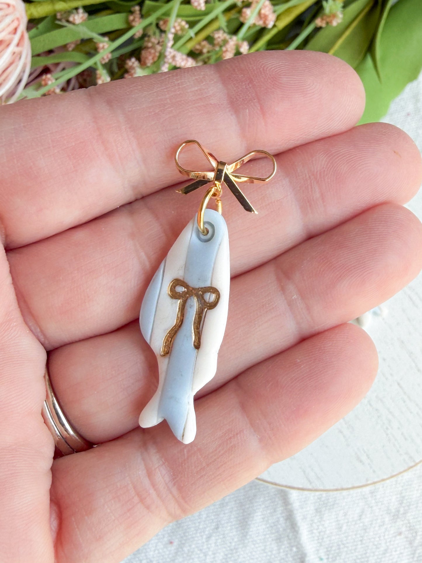 Striped Fish with Gold Bow Polymer Clay Earrings | Seaside Charm Collection