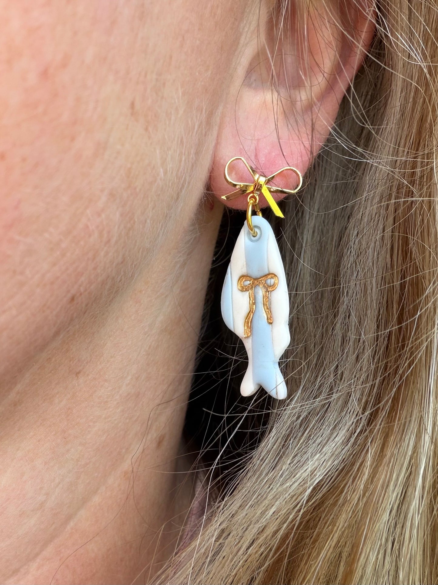 Striped Fish with Gold Bow Polymer Clay Earrings | Seaside Charm Collection