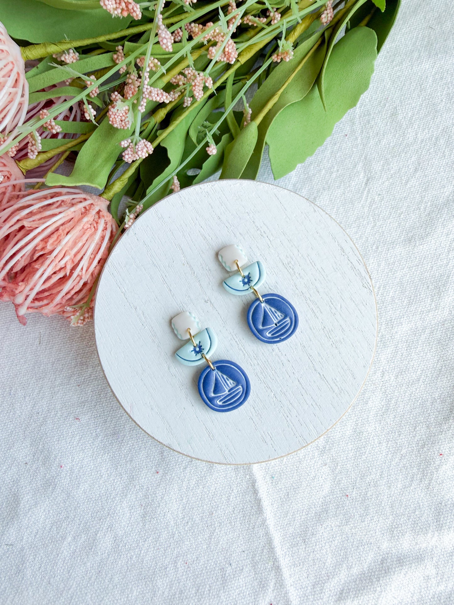 Nautical Sailboat Tiered Drop Polymer Clay Earrings | Seaside Charm Collection