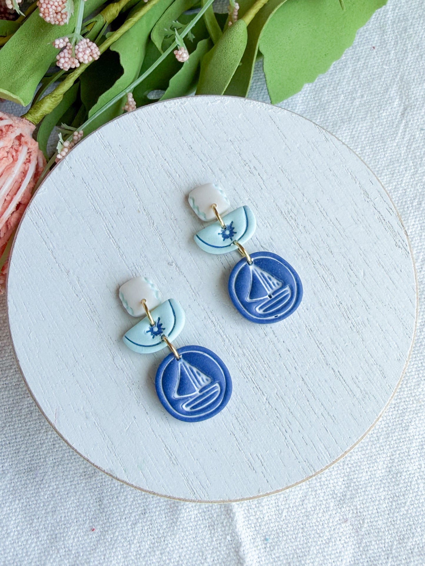 Nautical Sailboat Tiered Drop Polymer Clay Earrings | Seaside Charm Collection