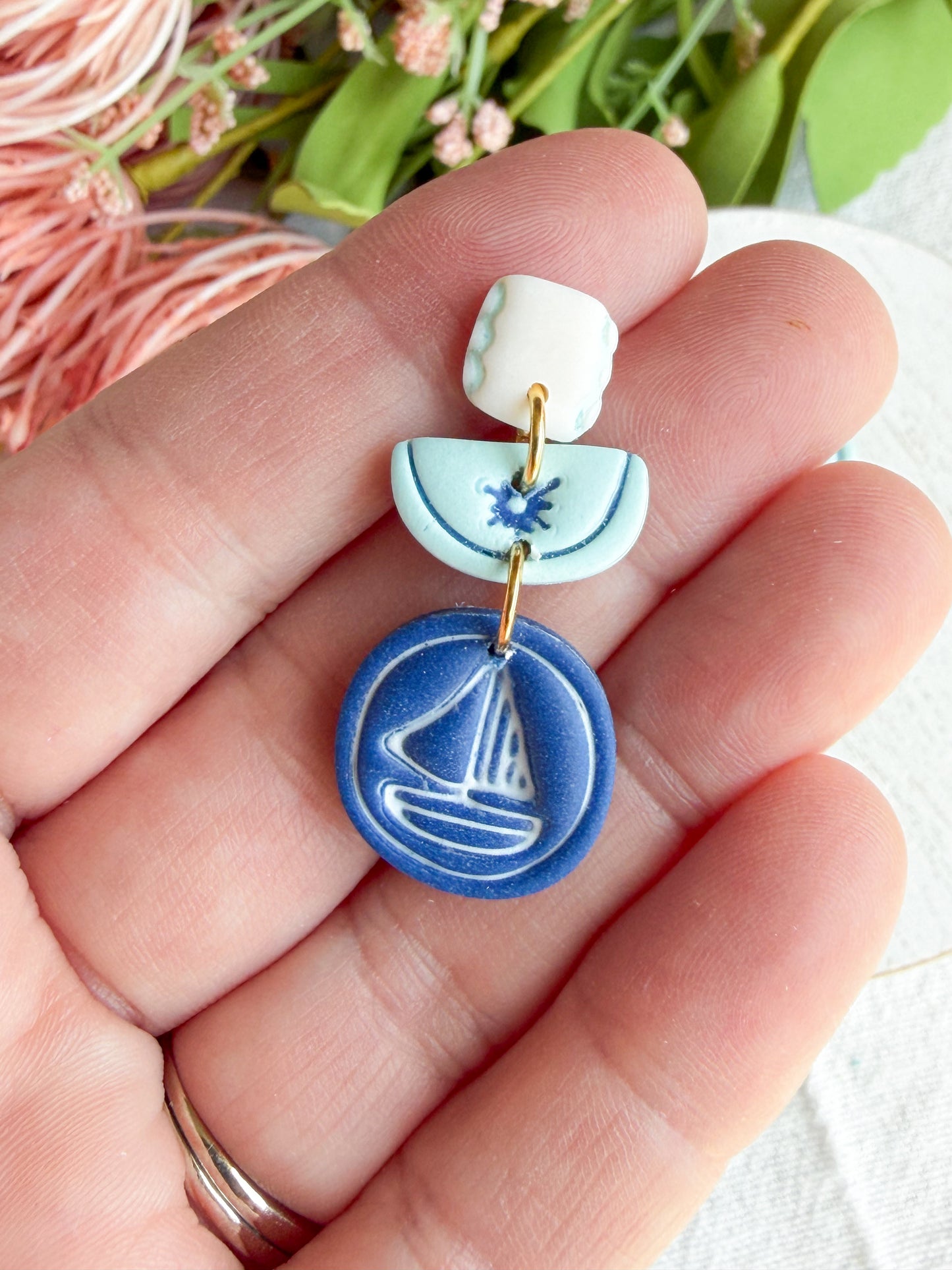 Nautical Sailboat Tiered Drop Polymer Clay Earrings | Seaside Charm Collection