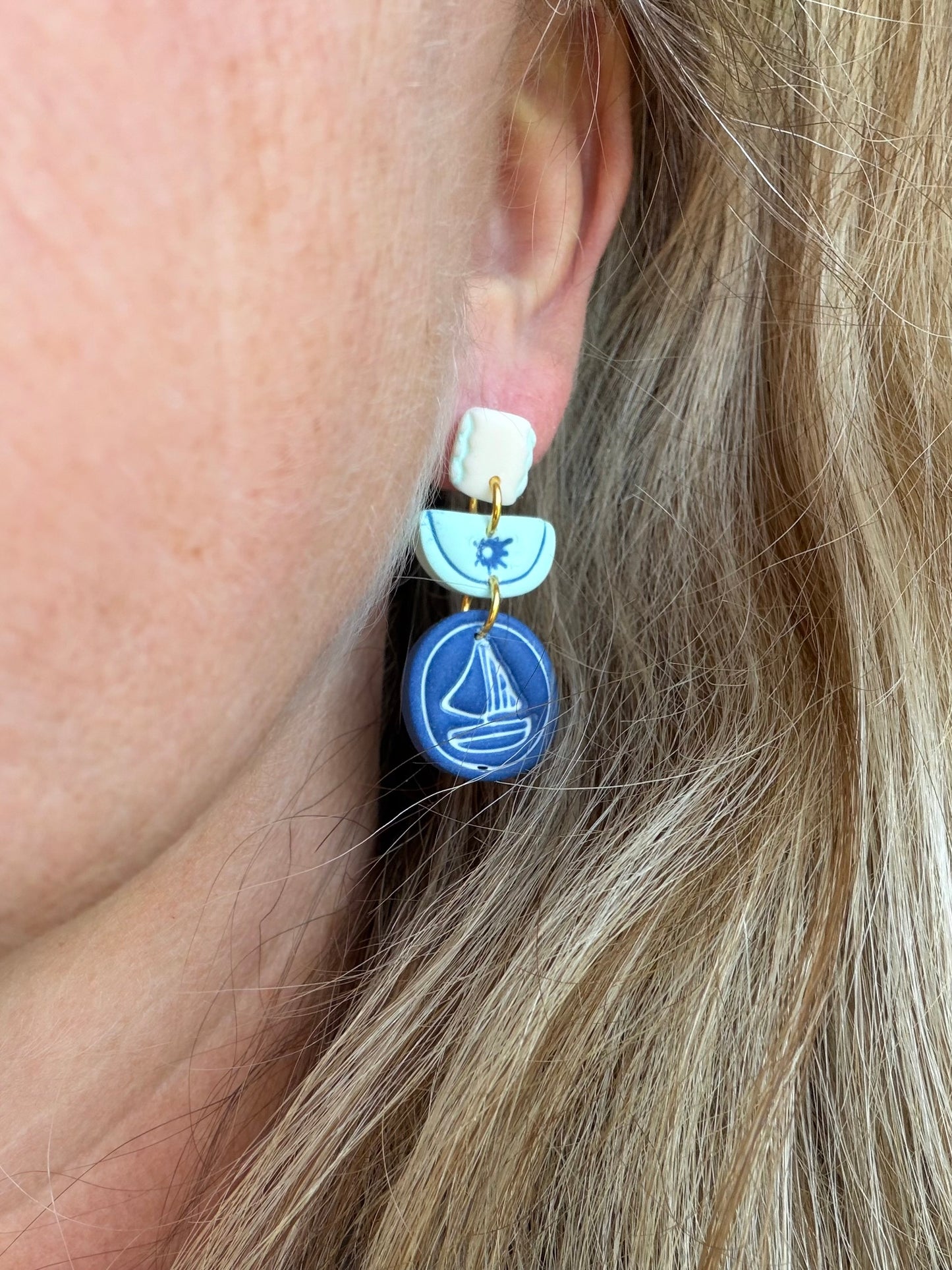 Nautical Sailboat Tiered Drop Polymer Clay Earrings | Seaside Charm Collection