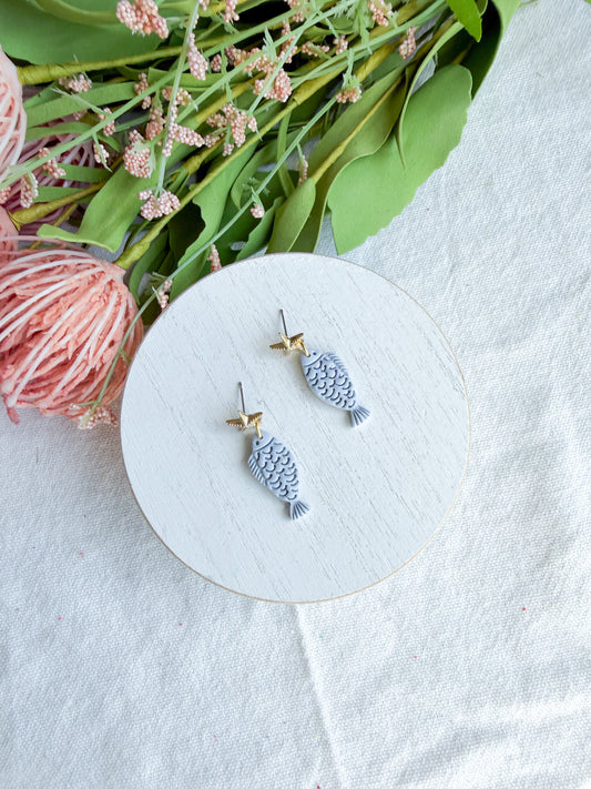 Coastal Catch Fish with Starfish Studs Polymer Clay Earrings | Seaside Charm Collection