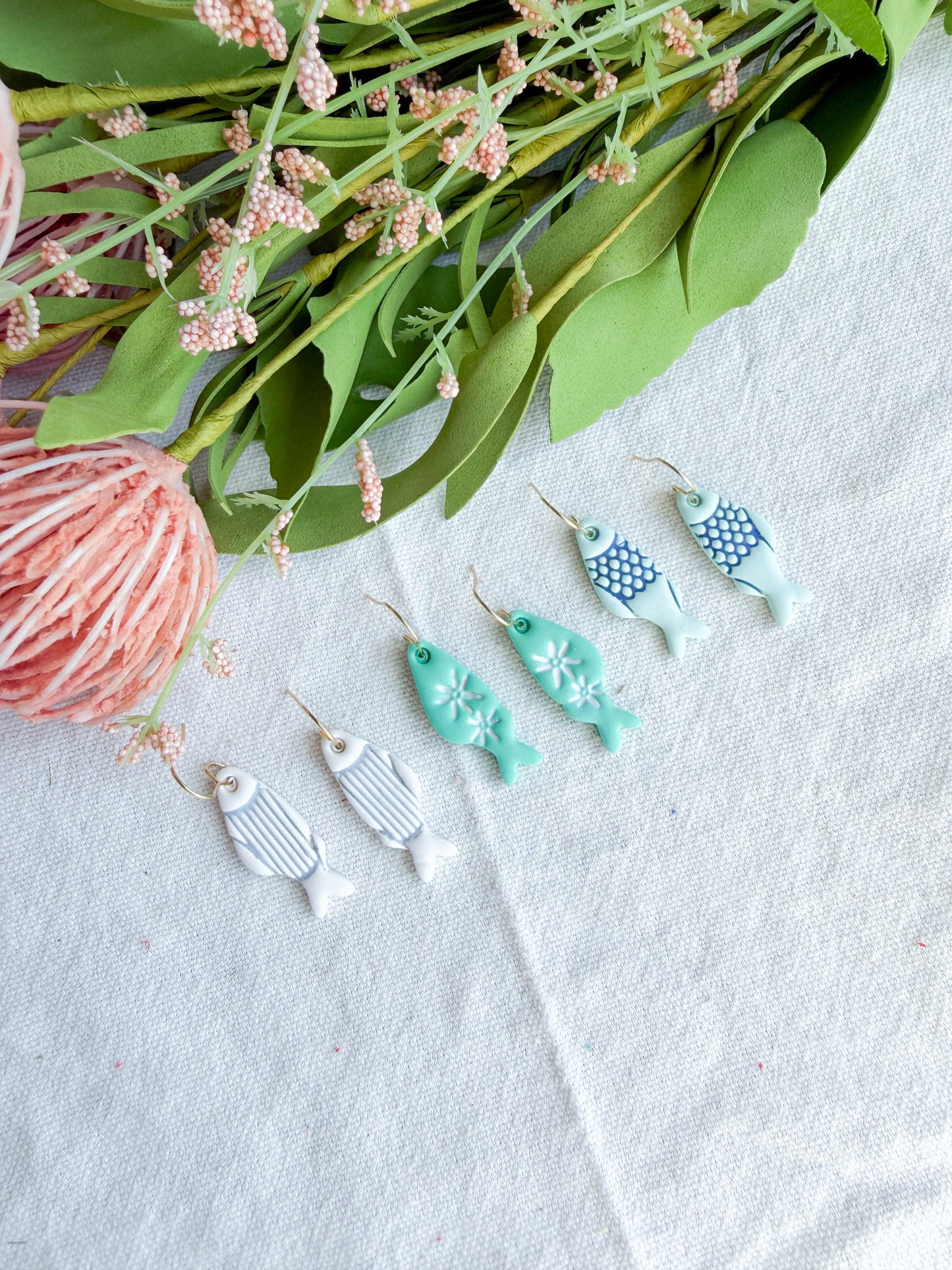 Ocean and Seafoam Coastal Fish Polymer Clay Earrings | Seaside Charm Collection