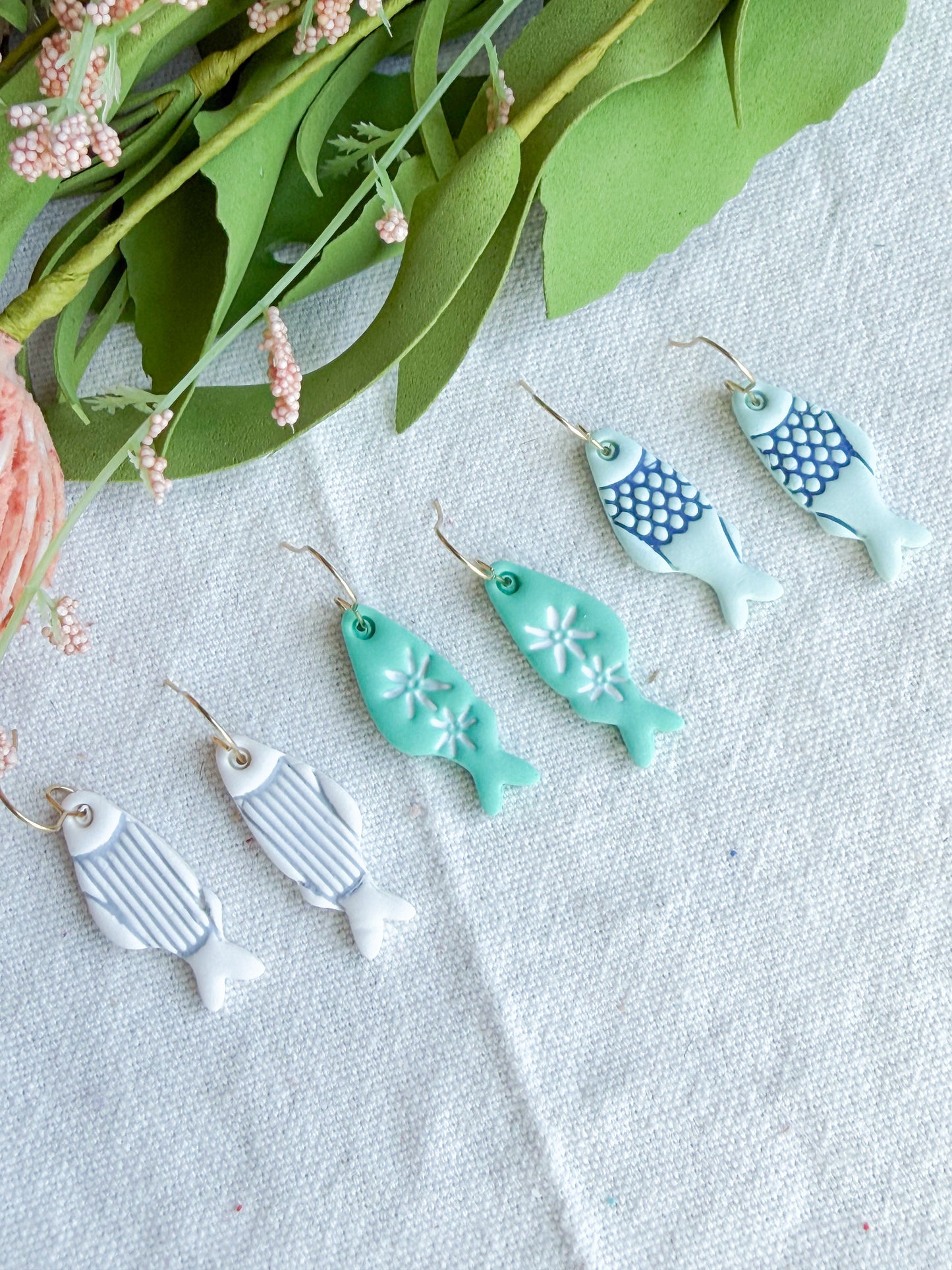 Ocean and Seafoam Coastal Fish Polymer Clay Earrings | Seaside Charm Collection