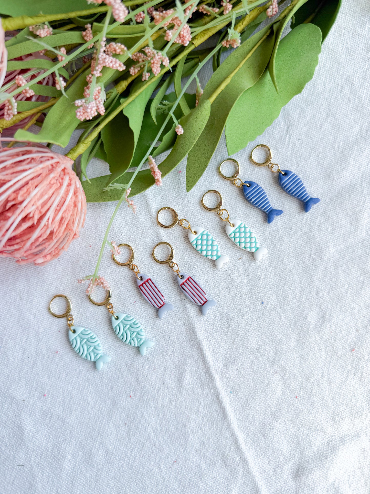 Ocean and Seafoam Mini Fish Polymer Clay Earrings | Seaside Charm Collection