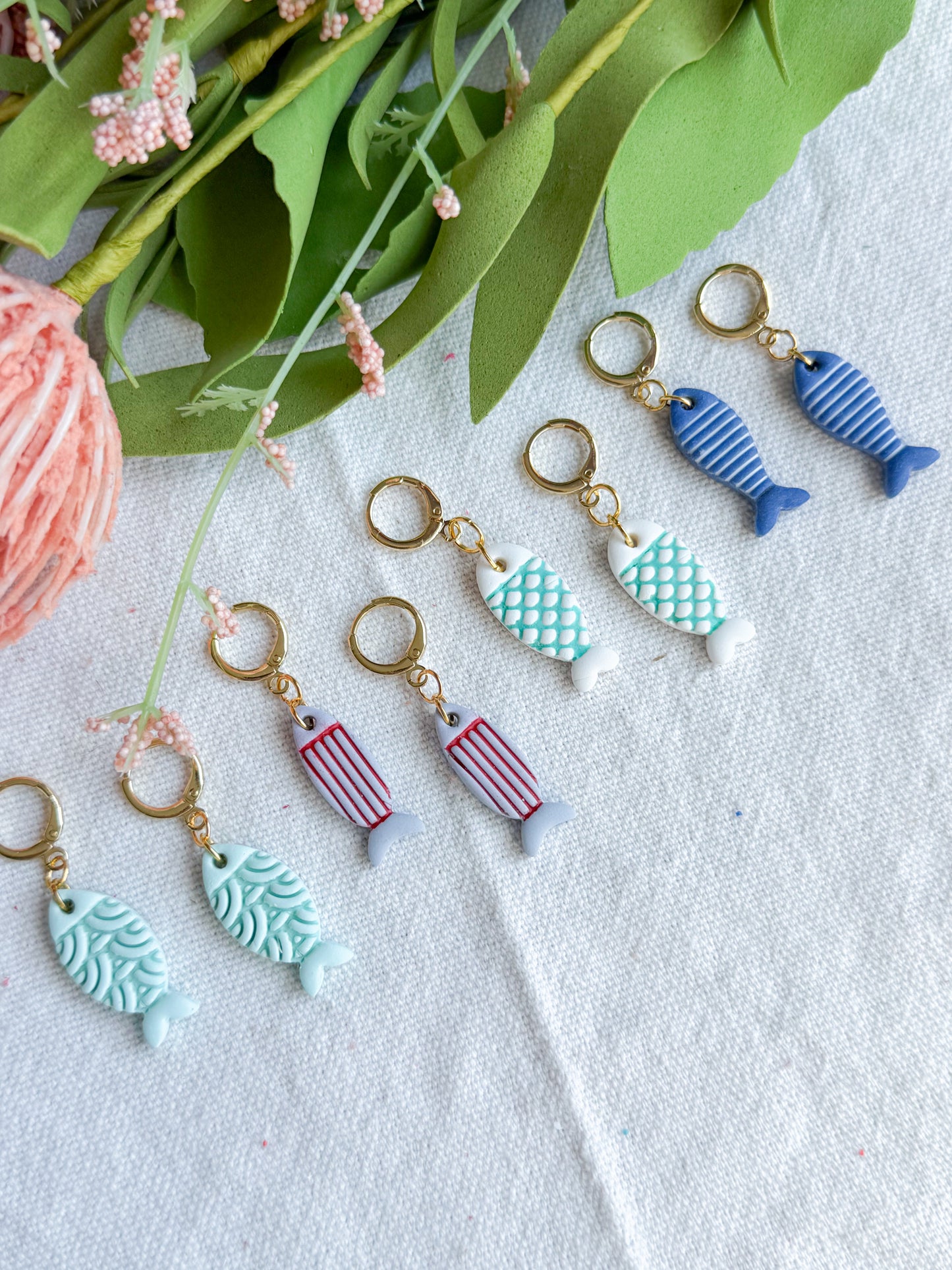 Ocean and Seafoam Mini Fish Polymer Clay Earrings | Seaside Charm Collection