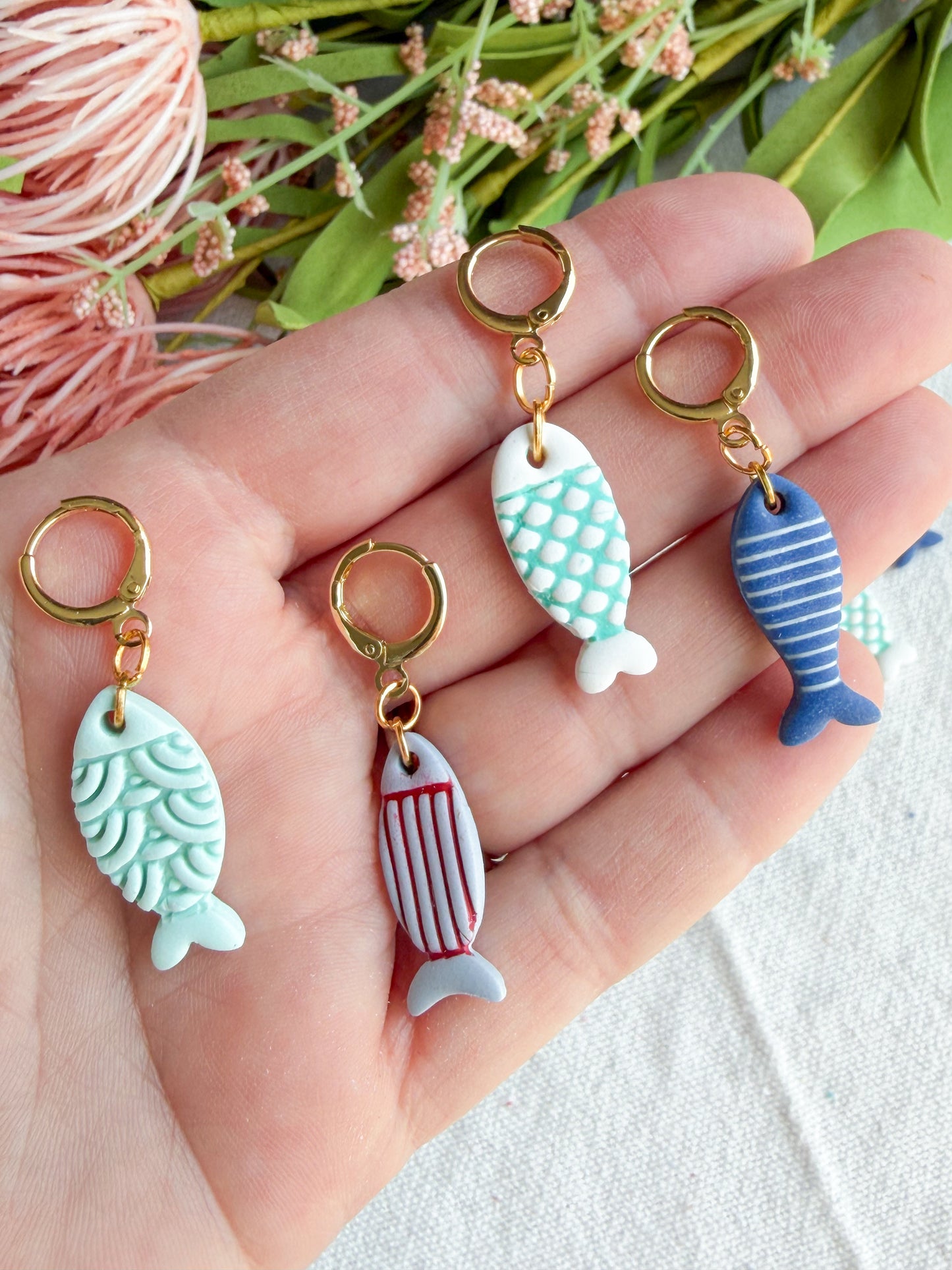 Ocean and Seafoam Mini Fish Polymer Clay Earrings | Seaside Charm Collection