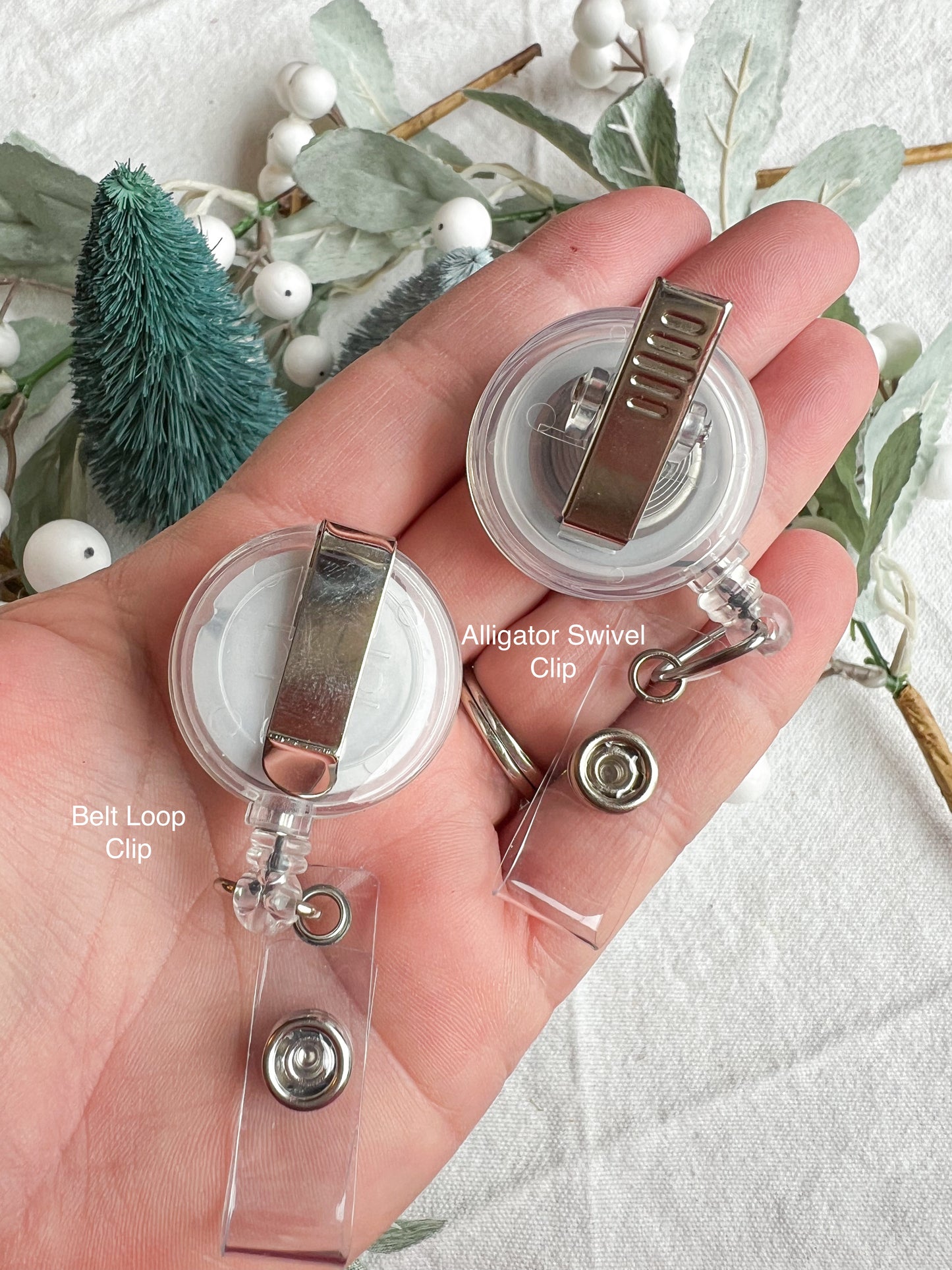 Pink Christmas Textured Polymer Clay Badges | Nurse and Teacher Retractable Badges