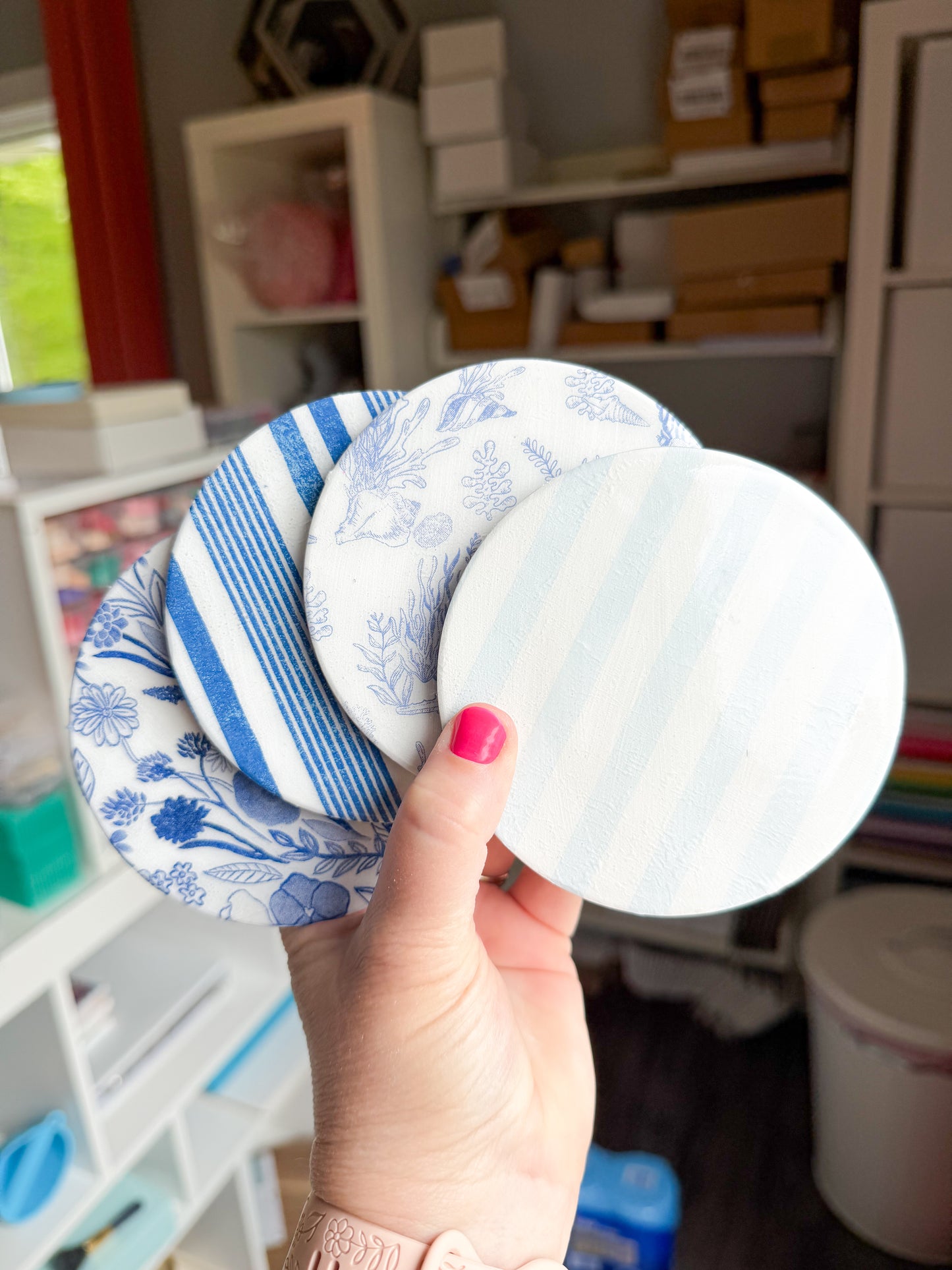 Coastal Blue Stripe and Floral Beverage Coasters | Set of 4 Table Coasters