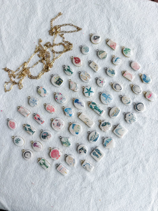 Whimsical Coastal Themed Transfer Paper Designed Polymer Clay Charms