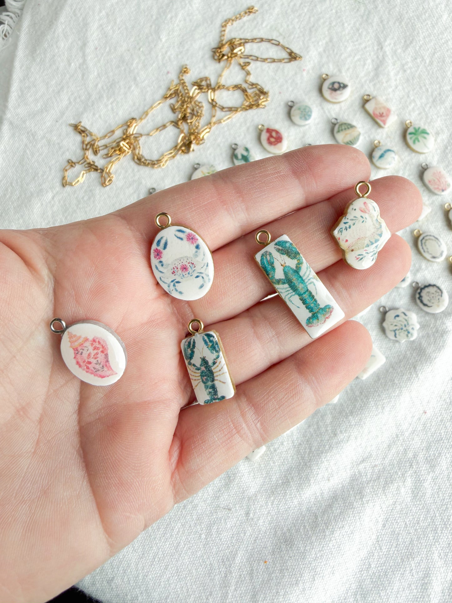 Whimsical Coastal Themed Transfer Paper Designed Polymer Clay Charms