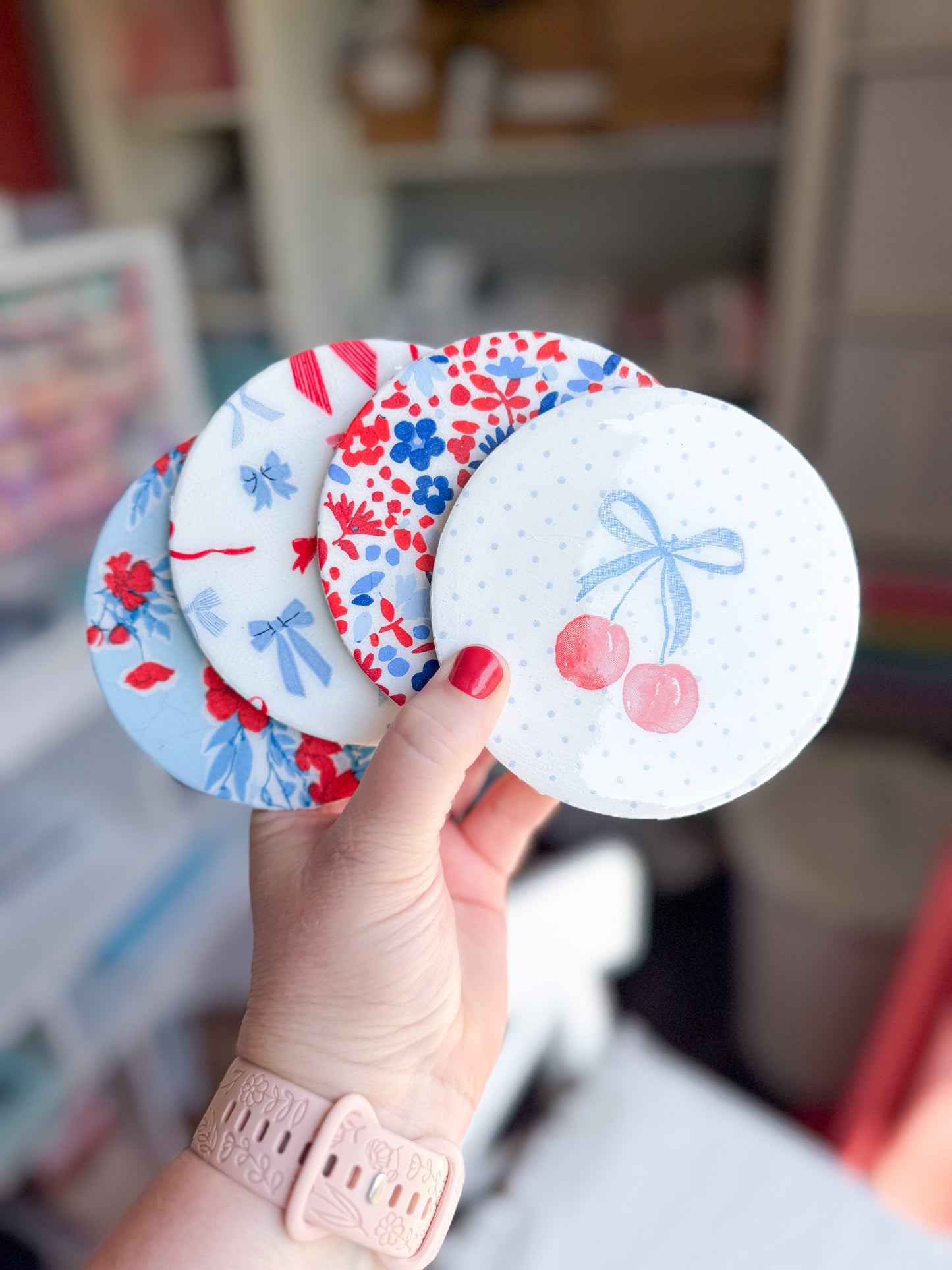 Americana Floral Cherry and Bow Beverage Coasters | Set of 4 Table Coasters