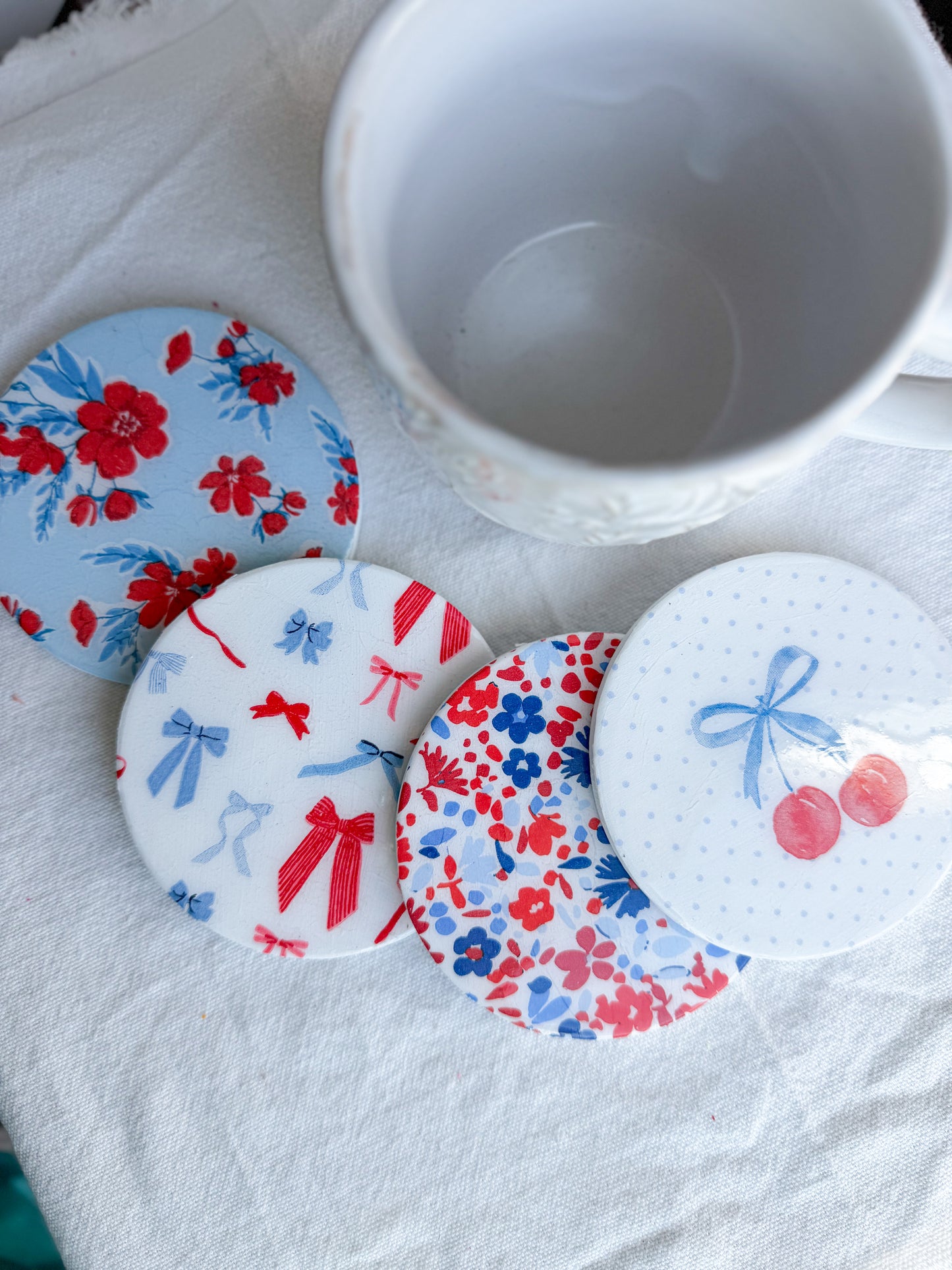 Americana Floral Cherry and Bow Beverage Coasters | Set of 4 Table Coasters