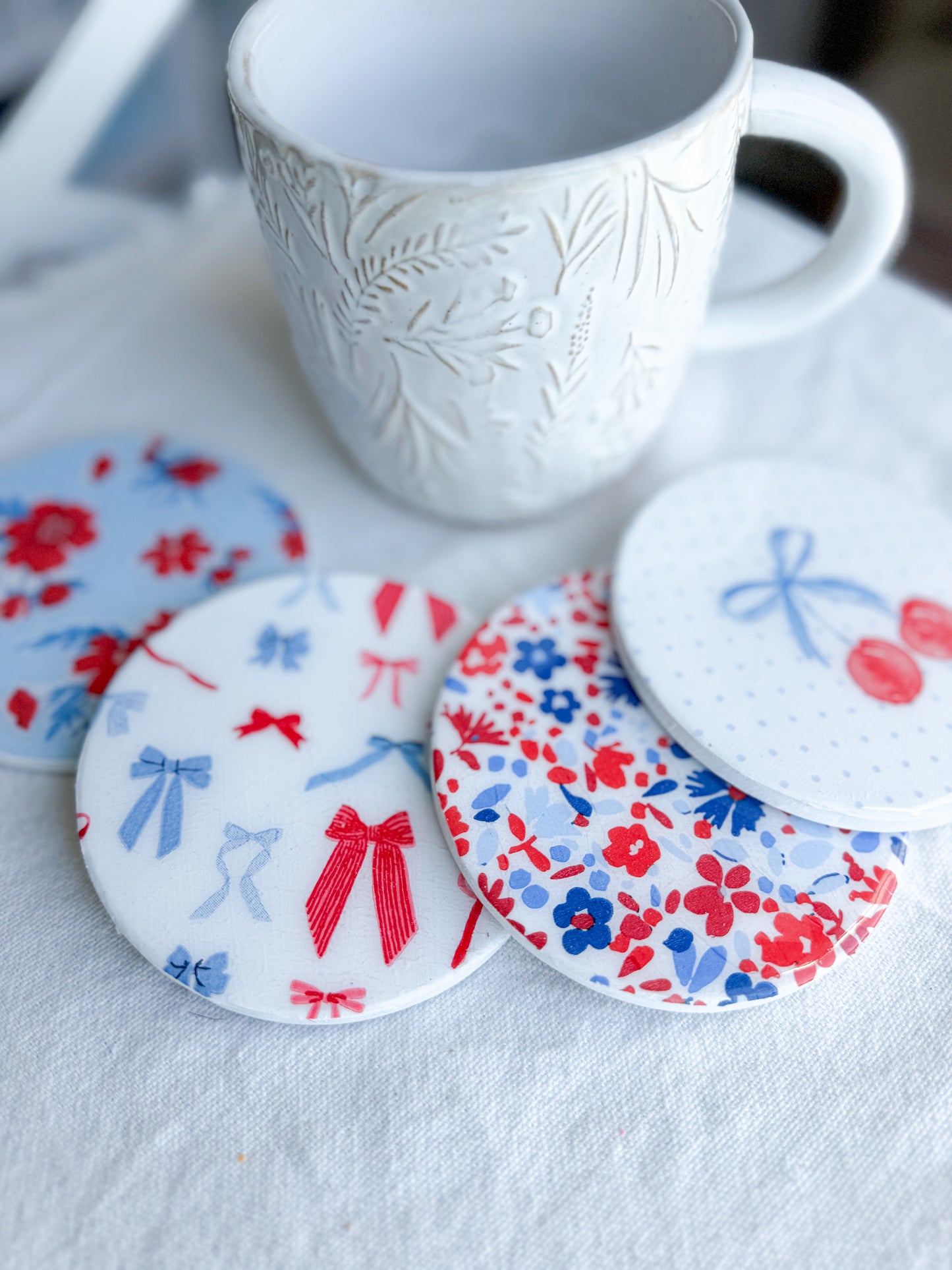 Americana Floral Cherry and Bow Beverage Coasters | Set of 4 Table Coasters