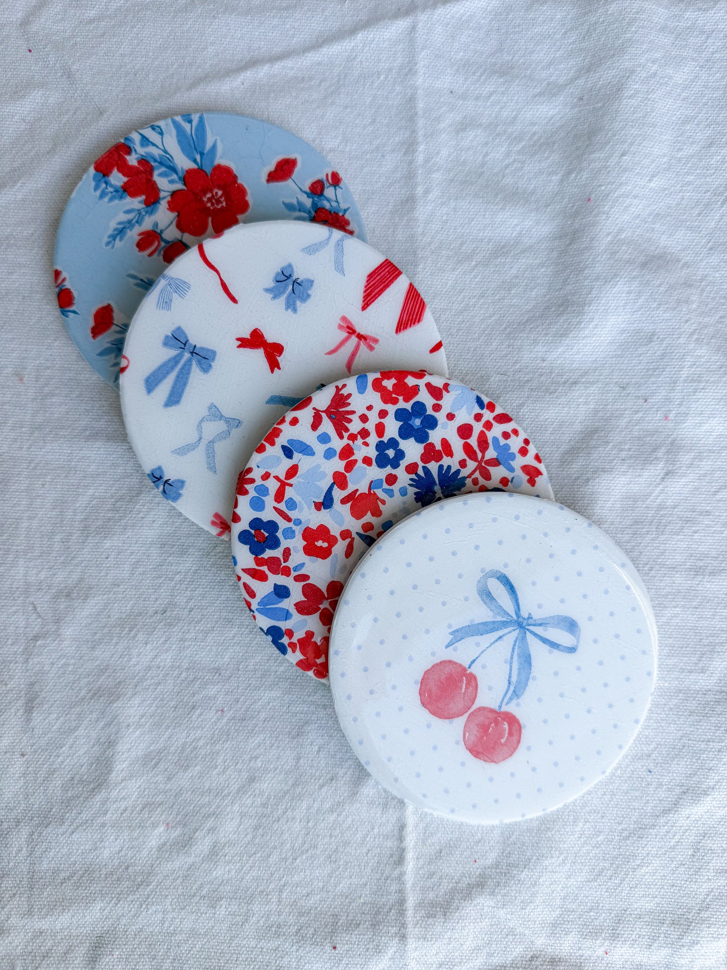 Americana Floral Cherry and Bow Beverage Coasters | Set of 4 Table Coasters