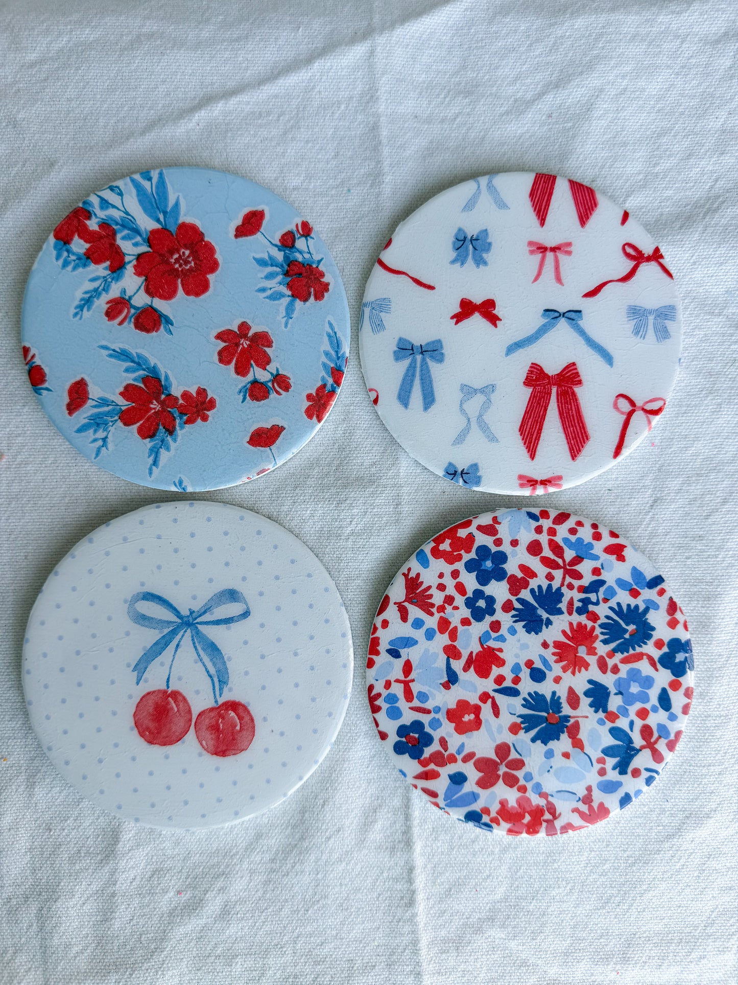 Americana Floral Cherry and Bow Beverage Coasters | Set of 4 Table Coasters