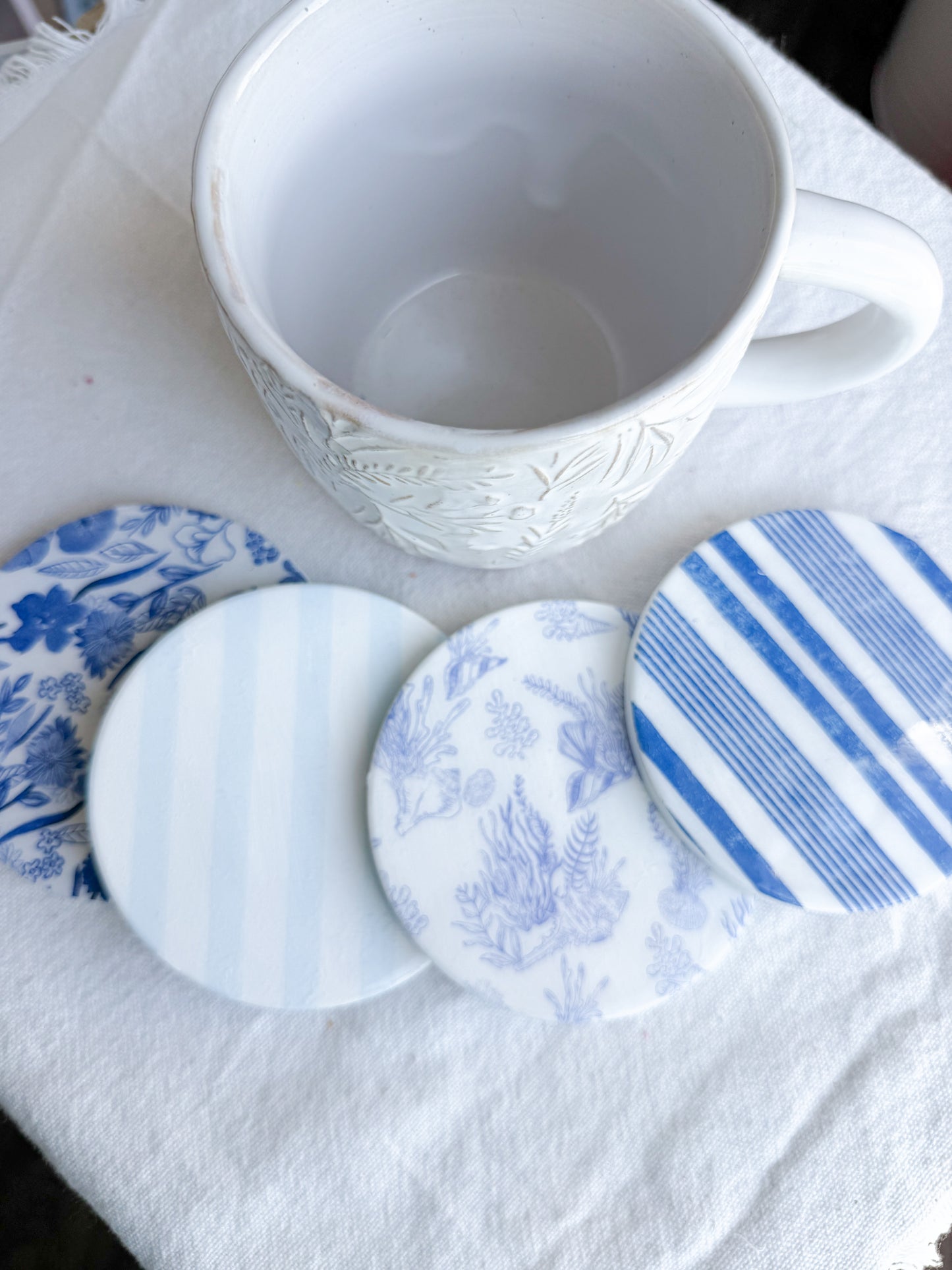 Coastal Blue Stripe and Floral Beverage Coasters | Set of 4 Table Coasters